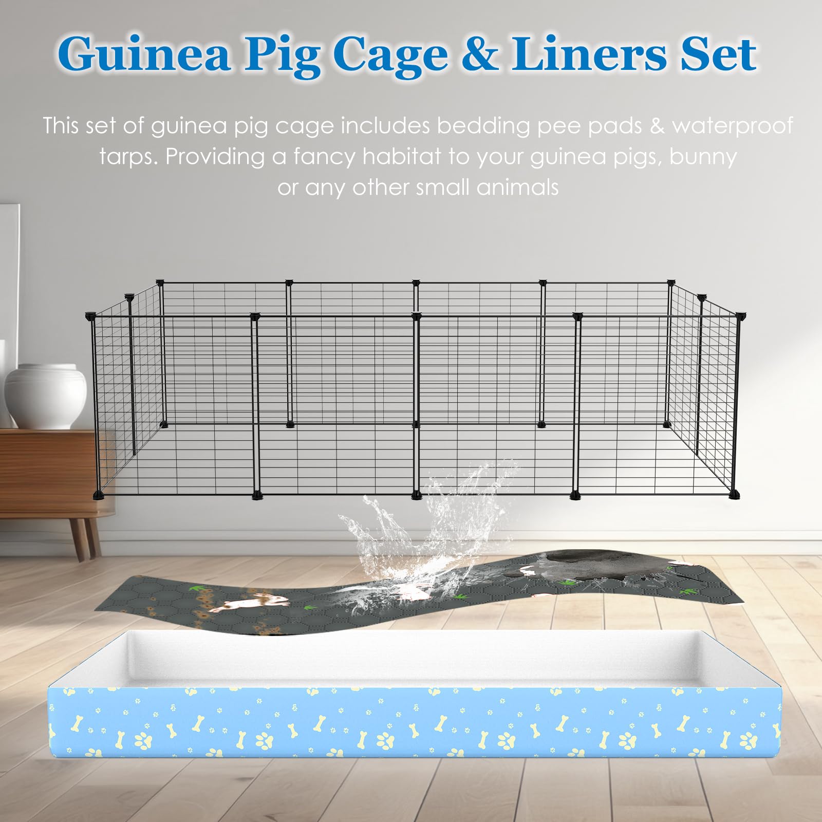 Modeslab Guinea Pig Cages With Tarp And Bedding Pee Pad Liner, 2-Story Large Guinea Pig Playpen C&C Loft Cage For 2 Rabbit Bunny