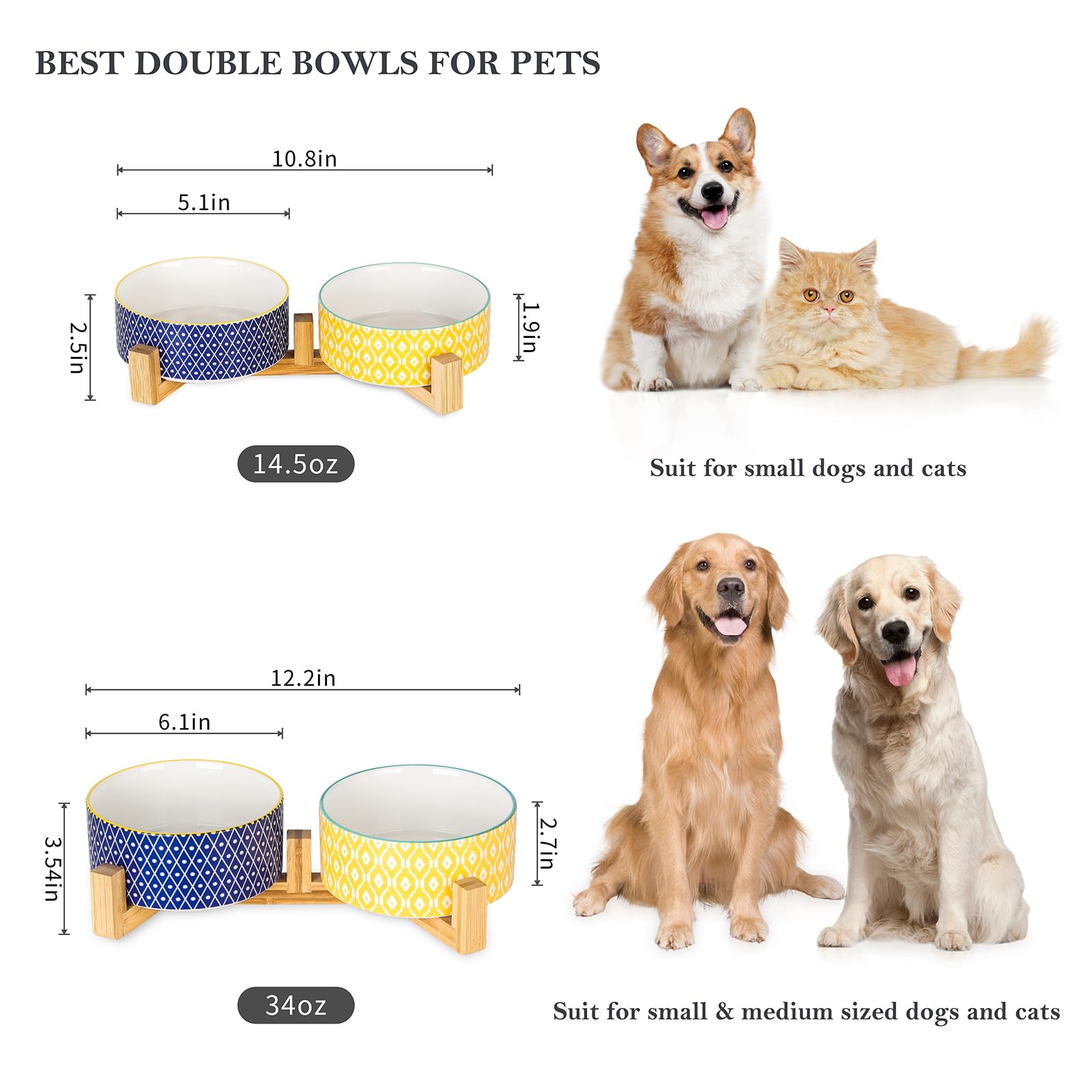 Selamica Ceramic 30 Oz Dog Bowls With Wooden Stand, Anti-Slip Dishes Set For Cats And Small Dogs, Weighted Bowls In Assorted Col