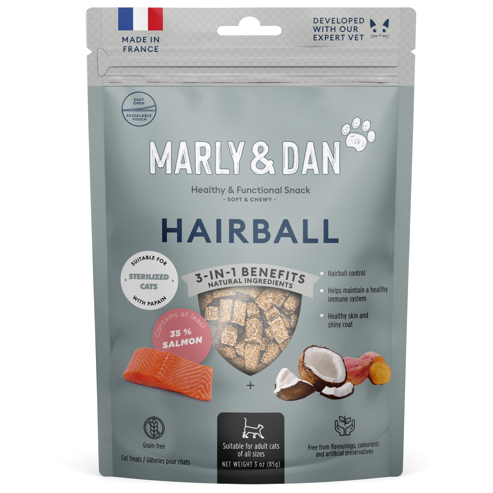 Marly & Dan Salmon Treats for Cats with Brewers Yeast & Coconut, Hairball Recipe, 3-oz Bag