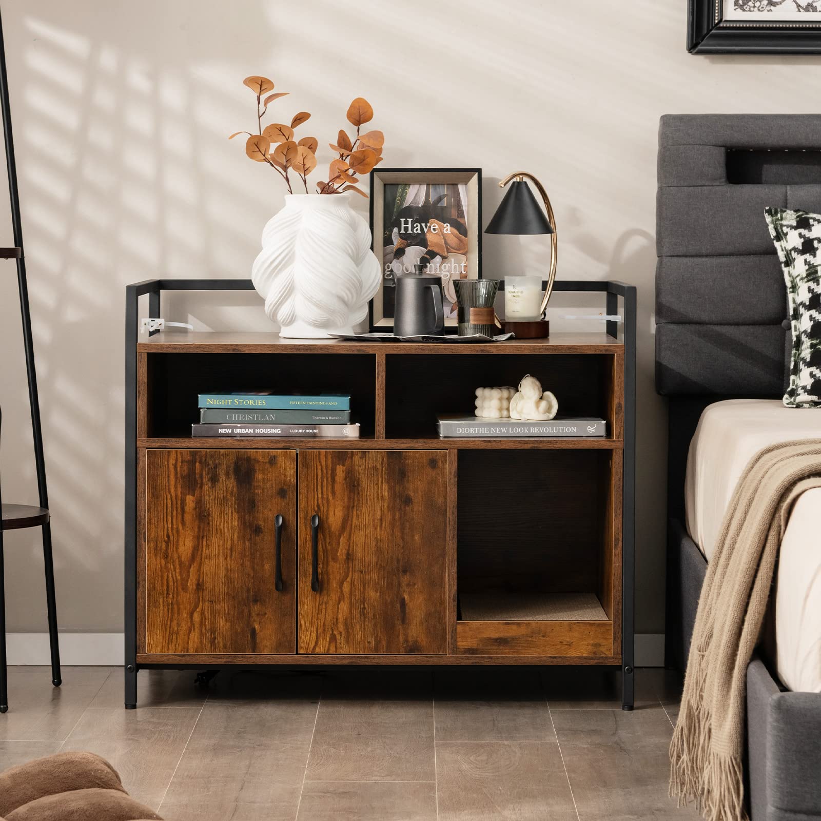 Petsite Cat Litter Box Enclosure, Litter Box Cabinet With Cat Scratcher, 2-Door Storage Cabinet, 2 Open Compartments And Air Vents, Wooden Hidden Litter Box Furniture, Rustic Brown