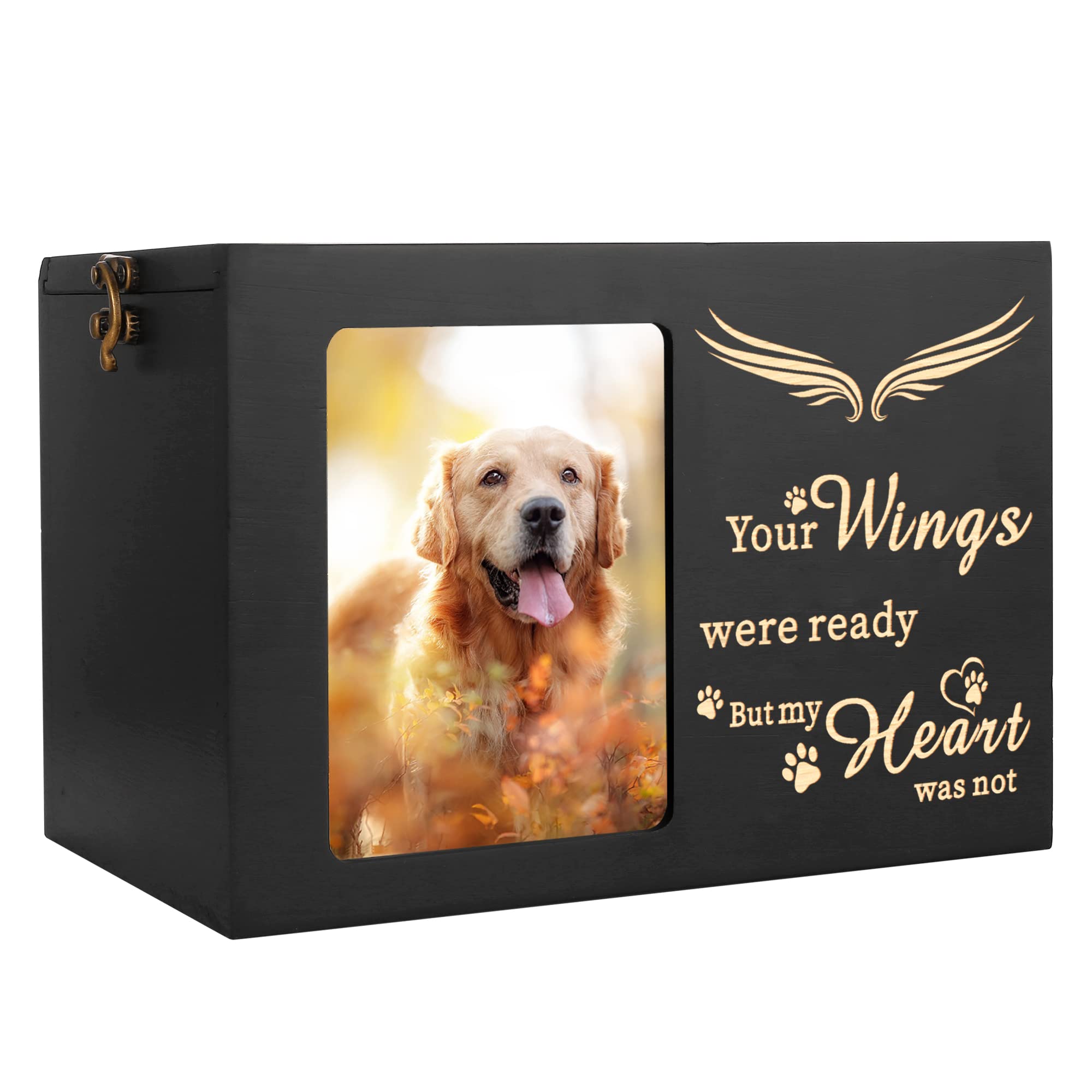Pet Memorial Urns For Dog Or Cat Ashes - Large Wooden Funeral Cremation Urns With Photo Frame, Keepsake Memory Box With Black Fl