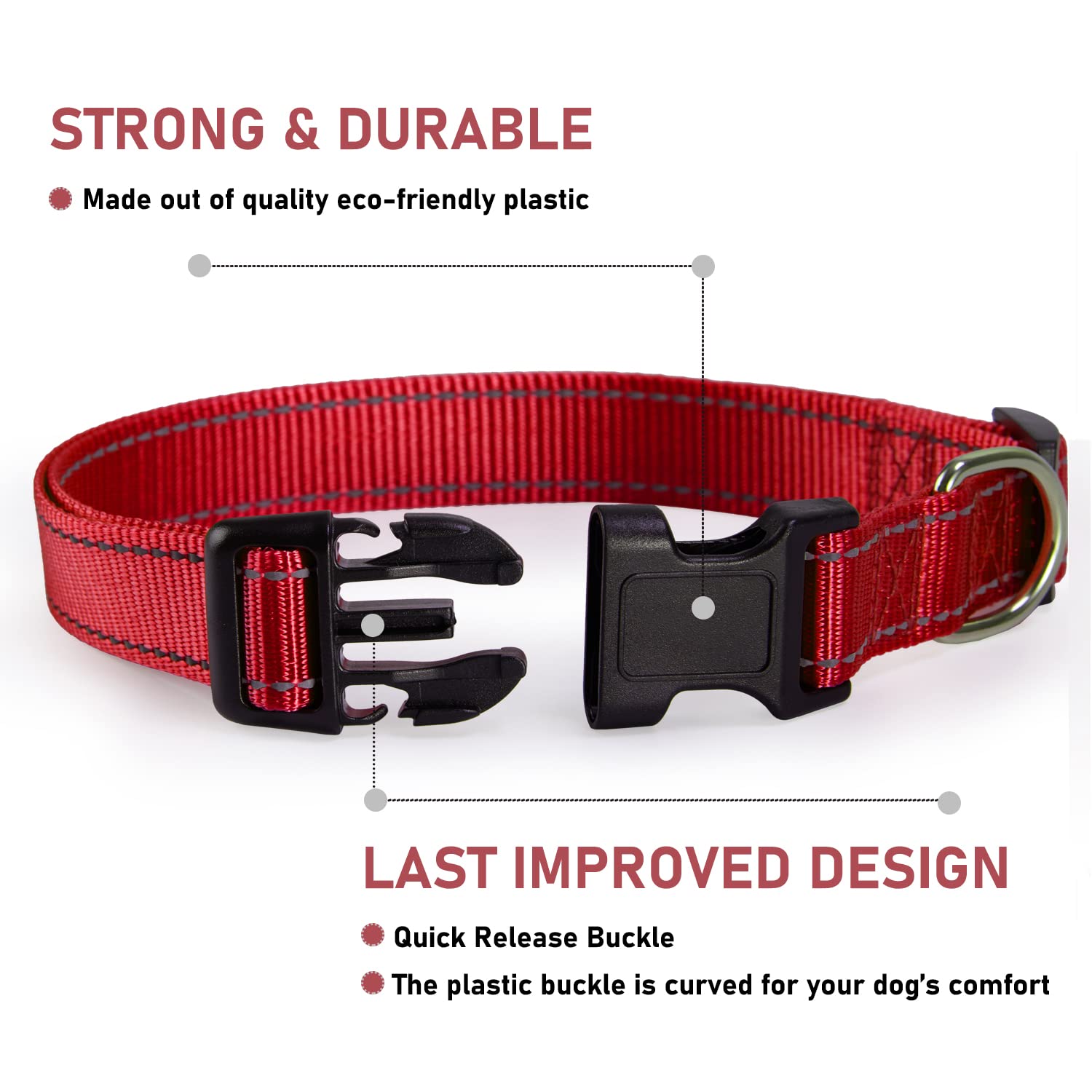 Reflective Dog Collar With Buckle Adjustable Safety Nylon Collars For Small Medium Large Dogs, Red Xxs