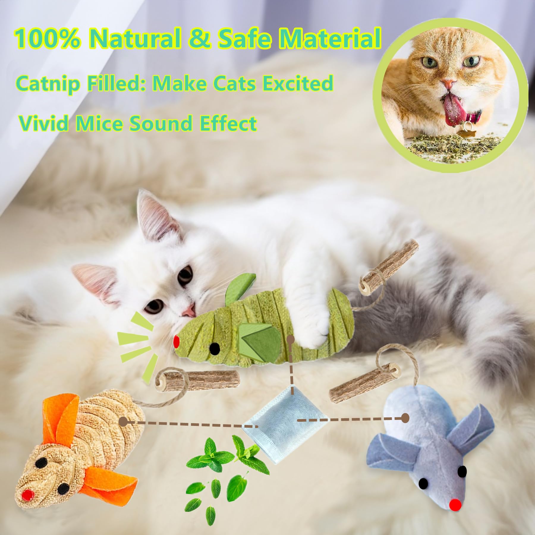 Grembeb Cat Toys, 3 Mice Catnip Toy Crinkle Sound For Indoor Cat With Silvervine Chew Stick For Dental Chirping Mouse Plush Kitt