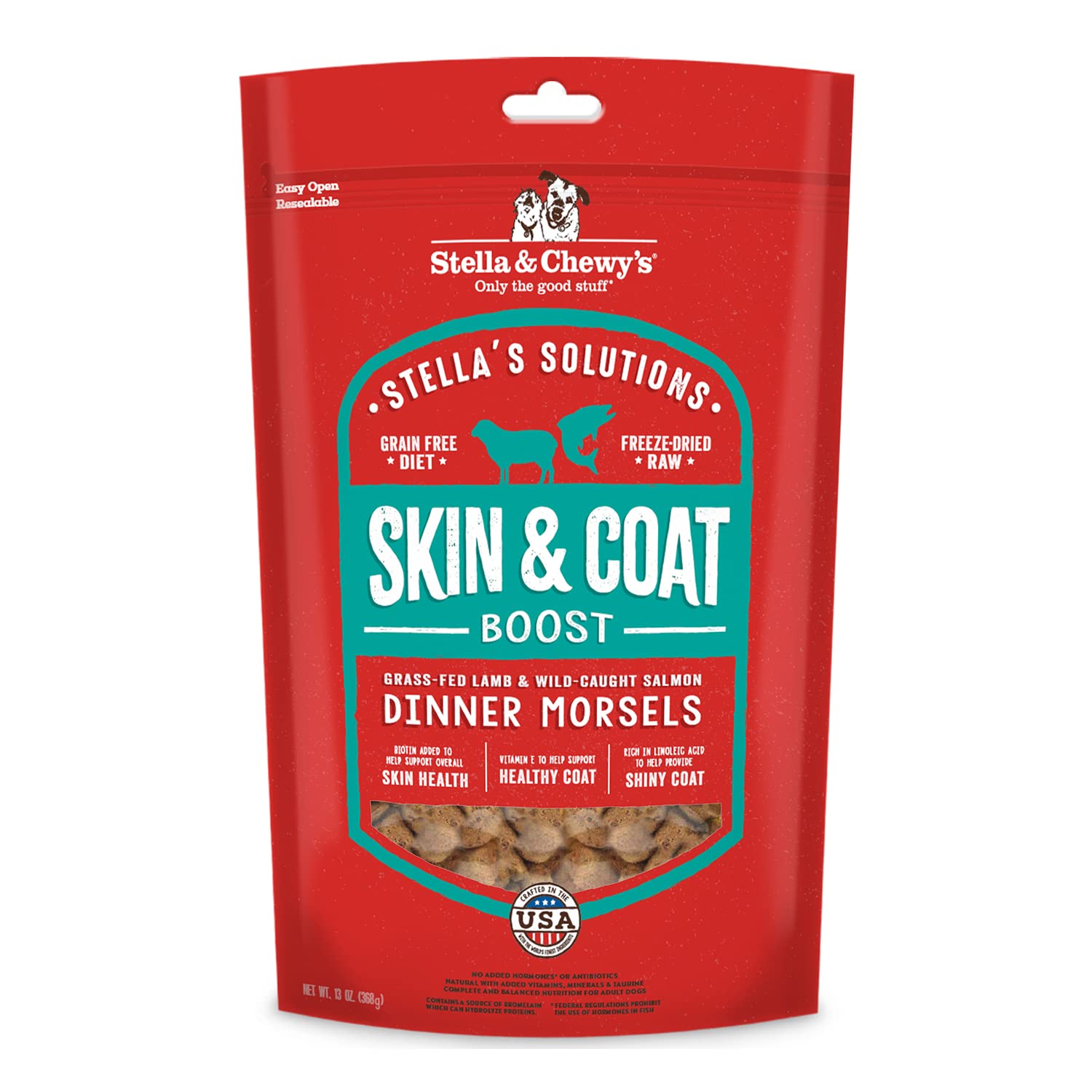 Stella & Chewys Stellas Solutions Skin & Coat Boost Grass-Fed Lamb & Wild-Caught Salmon Dinner Morsels Freeze-Dried Raw Dog Fo