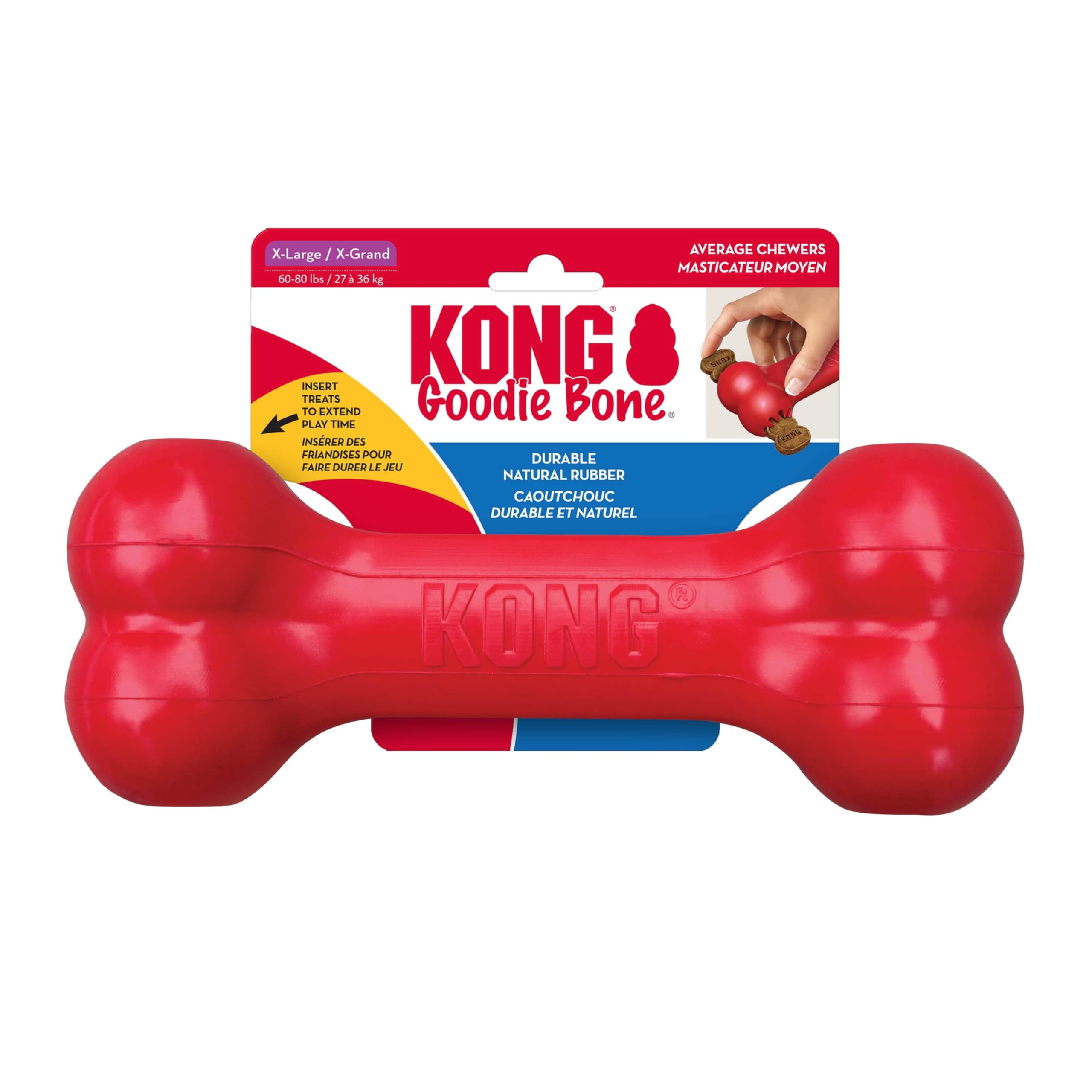 KONG Goodie Bone - Classic Durable Natural Rubber Dog Bone, Supports Mental Engagement - Treat Dispensing - Red - for Extra Larg
