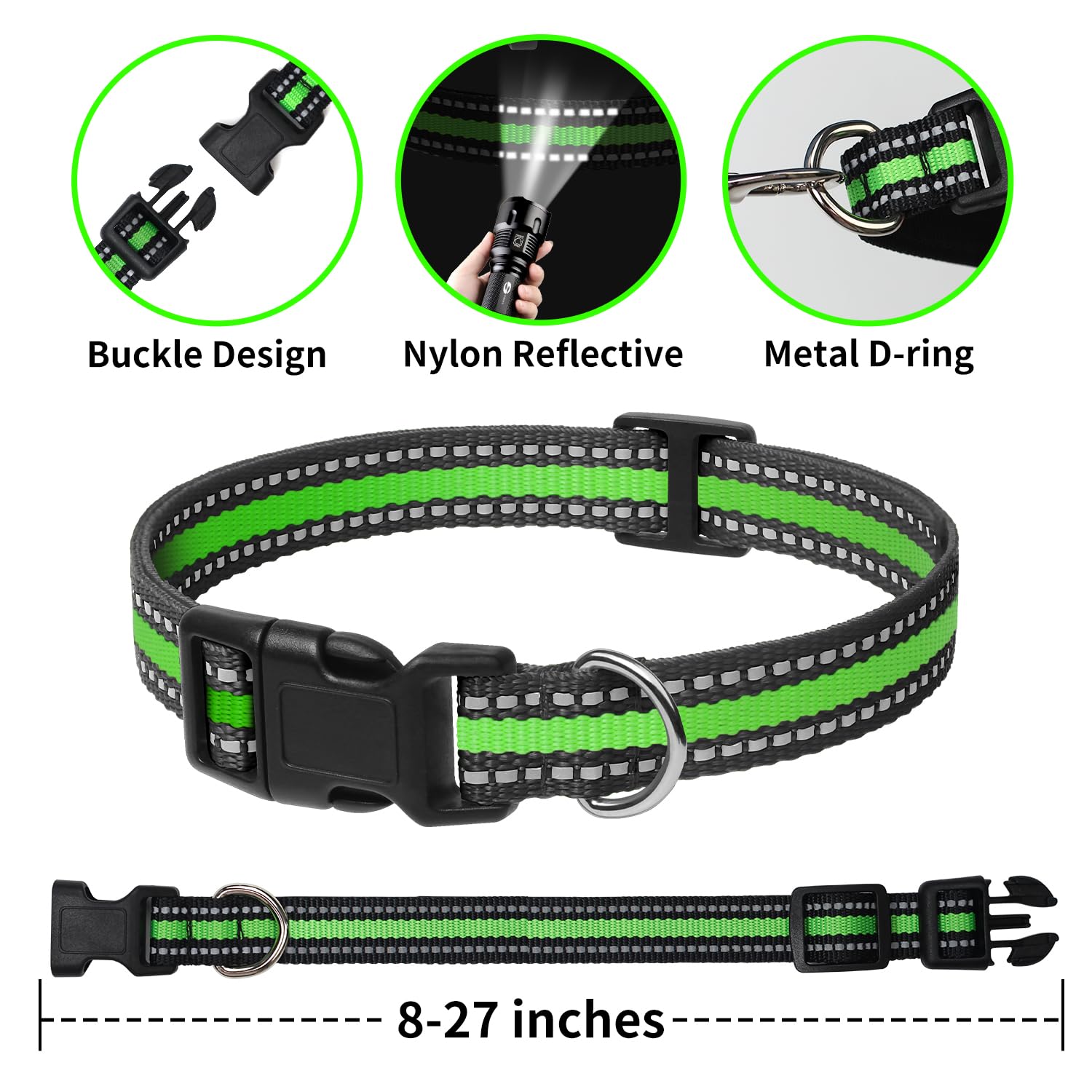 Petjoy 3-Pack Dog Collar - Quick-Release Buckle & D-Rings - Reflective Multi-Color (R/Y/G) - Adjustable 8-27'' For Most E-Collar