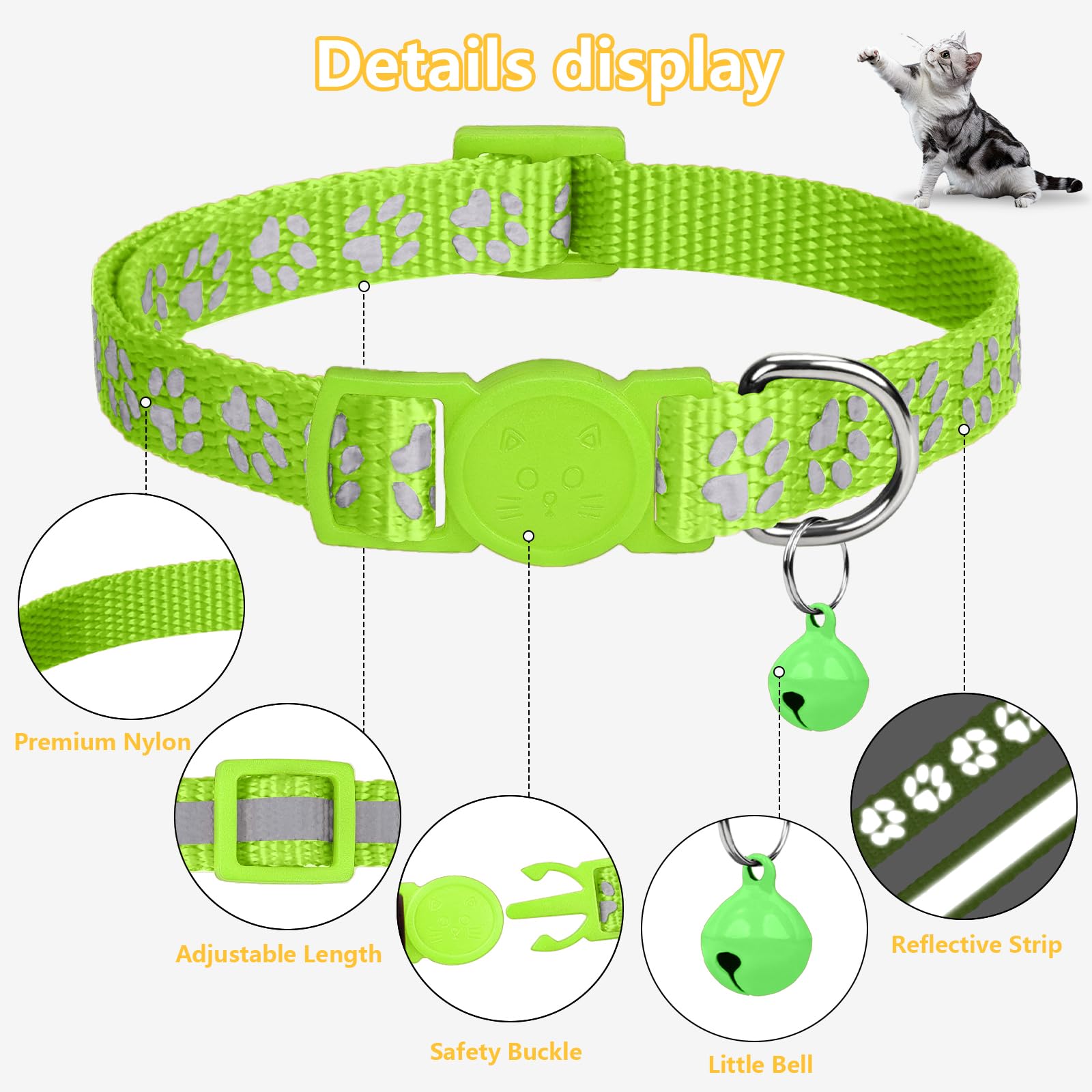 Taglory Reflective Cat Collars Breakaway With Bell, 2-Pack Girl Boy Pet Kitten Collar Adjustable 7.5-12.5 Inch, Green