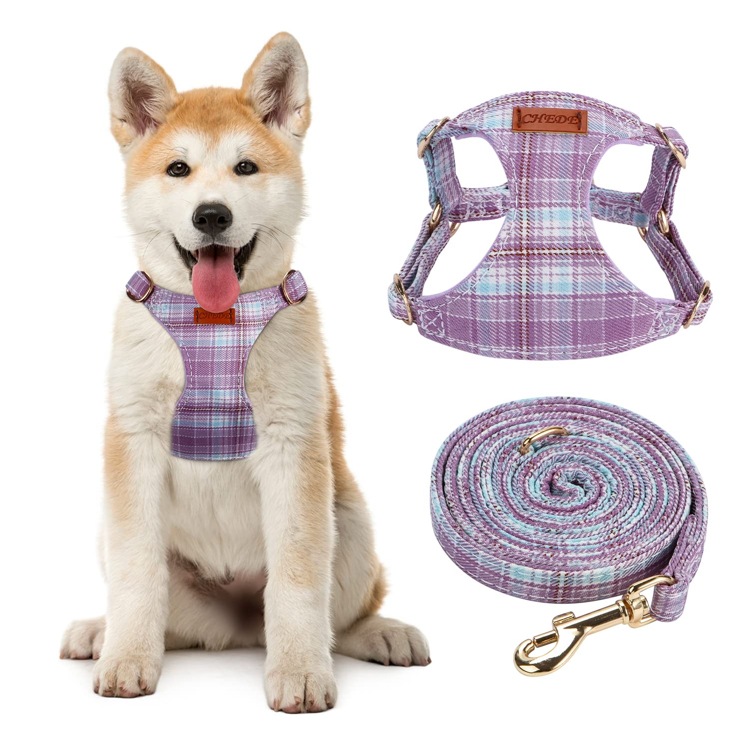CHEDE No Pull Plain Pattern Dog Harness - Lightweight & Soft, Adjustable for Small & Medium-Sized Dogs, Includes Leash