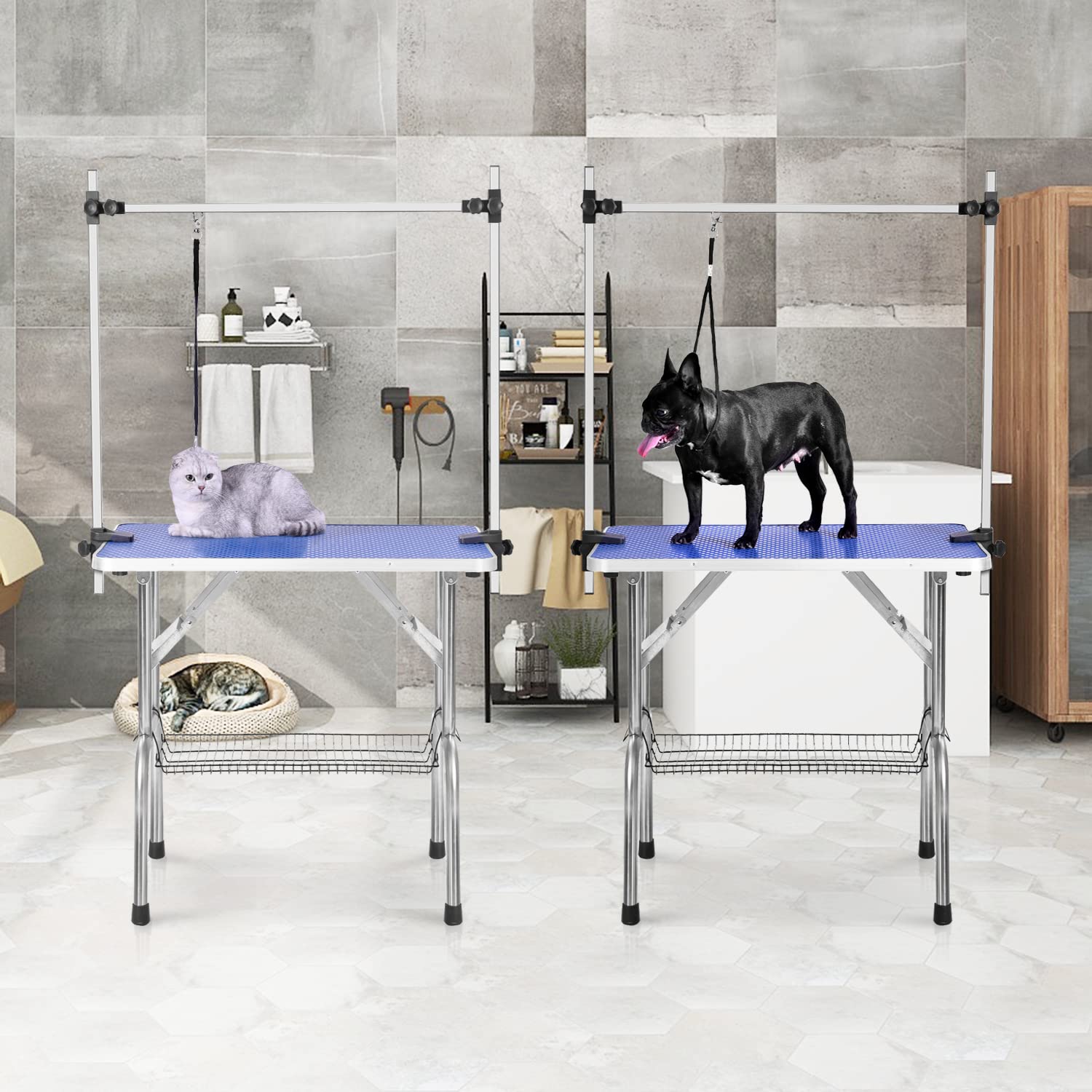 Soarflash Pet Dog Grooming Table Foldable,Heavy Duty Foldable Pet Grooming Table With Arm & Noose & Mesh Tray, Maximum Capacity Up To 330Lbs, 36Inch, Blue