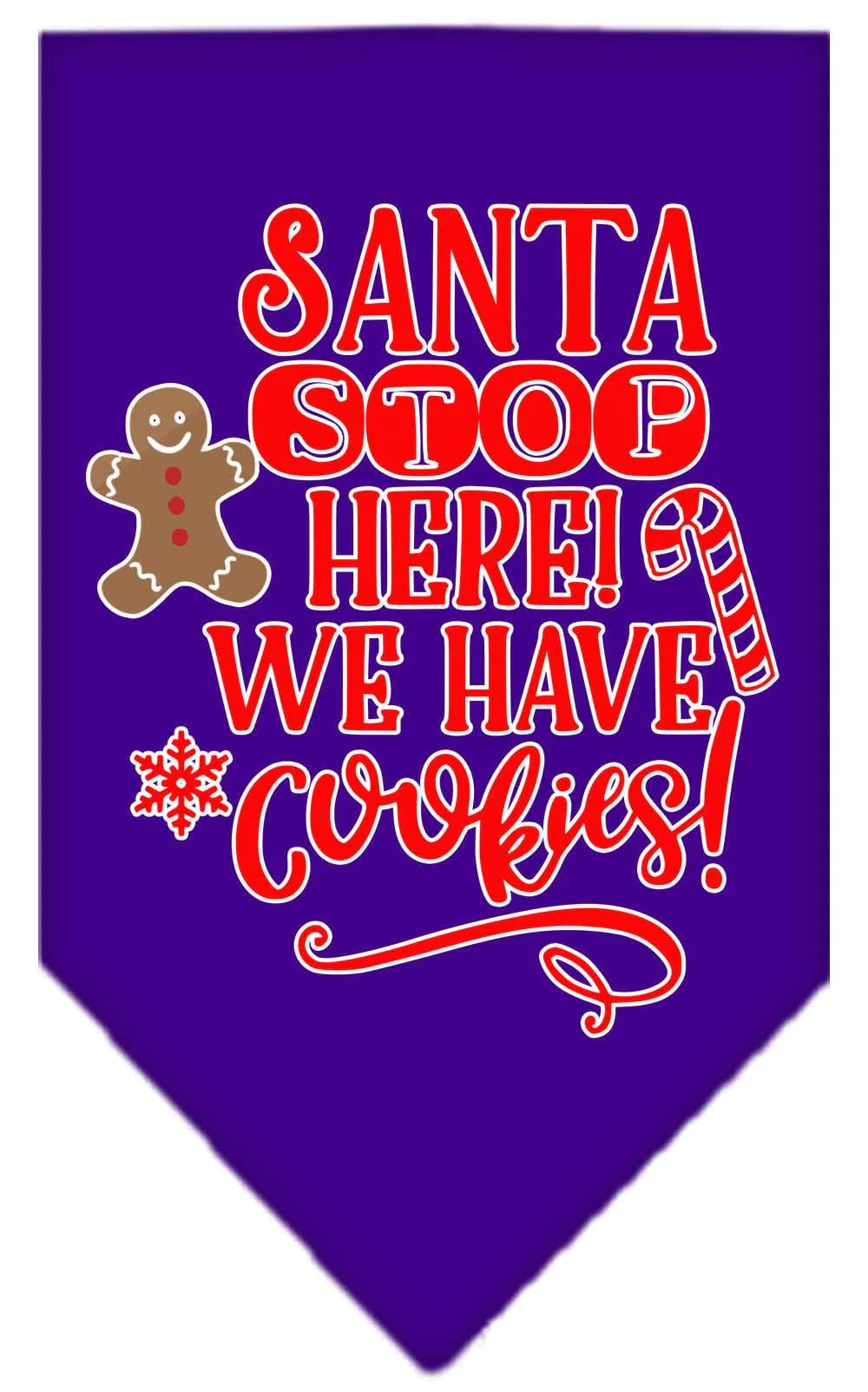 Christmas Pet and Dog Bandana Screen Printed, "Santa, Stop Here! We Have Cookies!" Purple Small