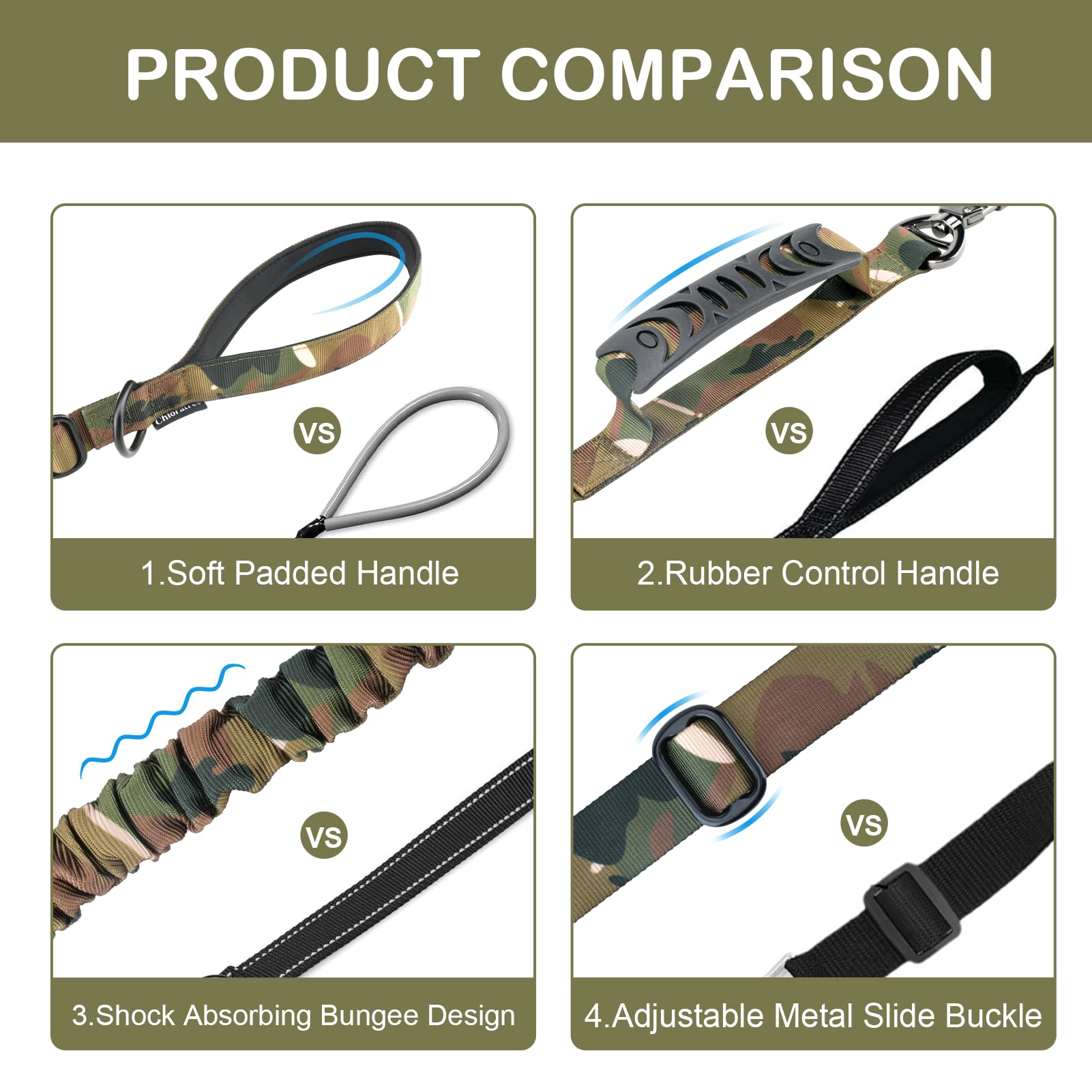 Tactical Dog Leash Heavy Duty, 4-6FT Shock Absorbing Bungee Dog Leash, Strong No Pull Military Dog Leash with Control Handle, Pa