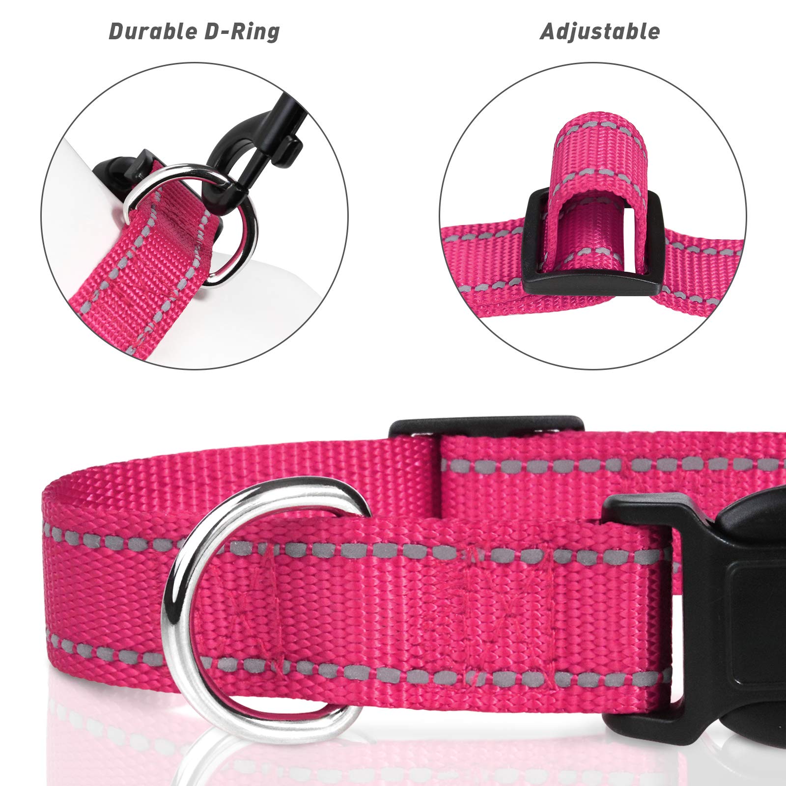 Tagme Reflective Nylon Dog Collars, Adjustable Classic Dog Collar With Quick Release Buckle For Puppy, Hot Pink, 3/8' Width