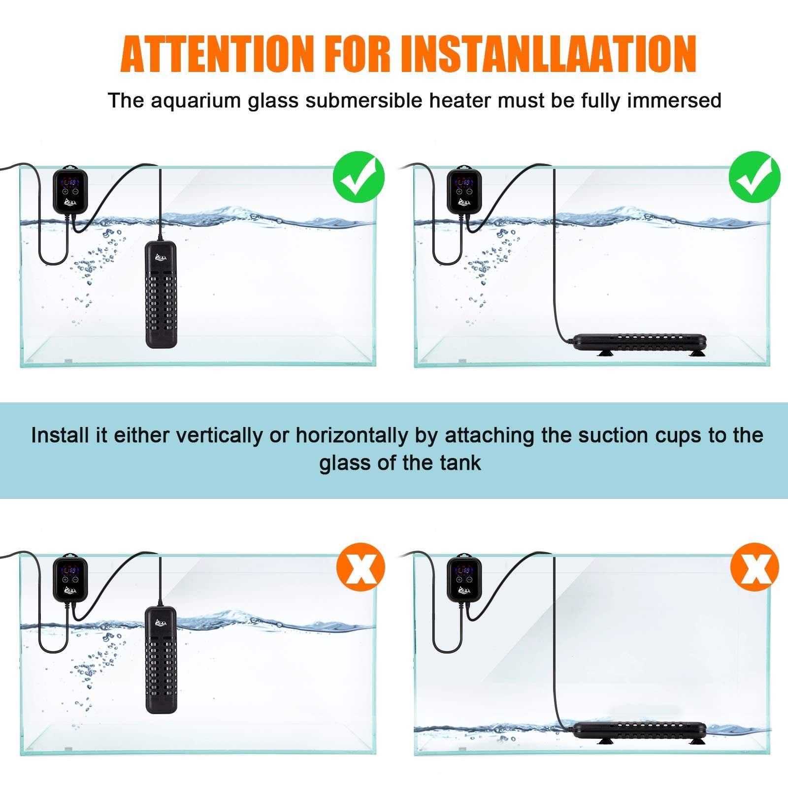 Aqqa Aquarium Heater 500W For 66-135 Gallon Fish Tank Heater Quartz Glass Submersible Betta Fish Heater For Aquarium Thermostat Heater For Freshwater And Saltwater (500W For 66-135 Gal)