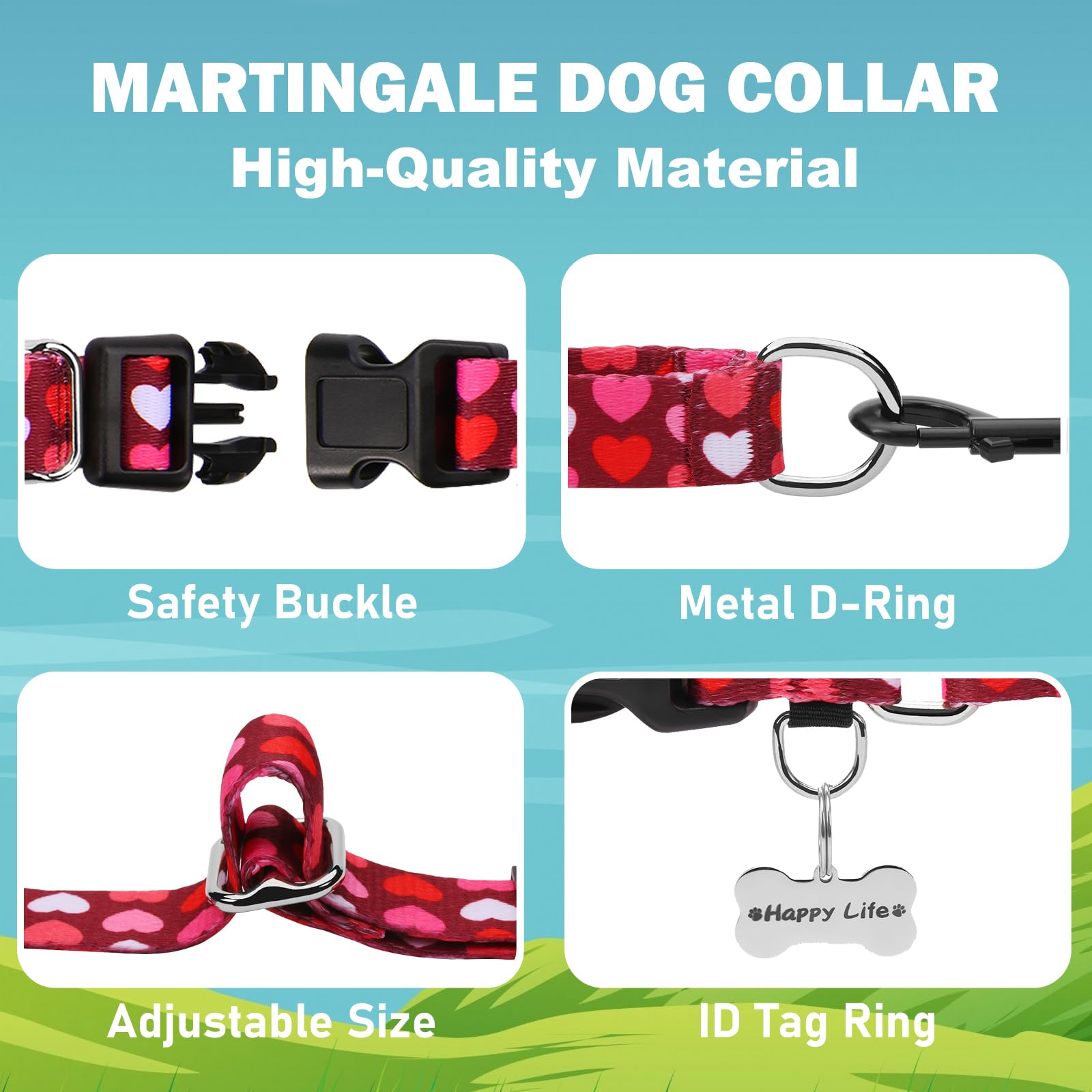 Fidohug Valentines Pink Martingale Collar For Dogs With Buckle Adjustable Heart Dog Collars (Burgundy Love, Small)