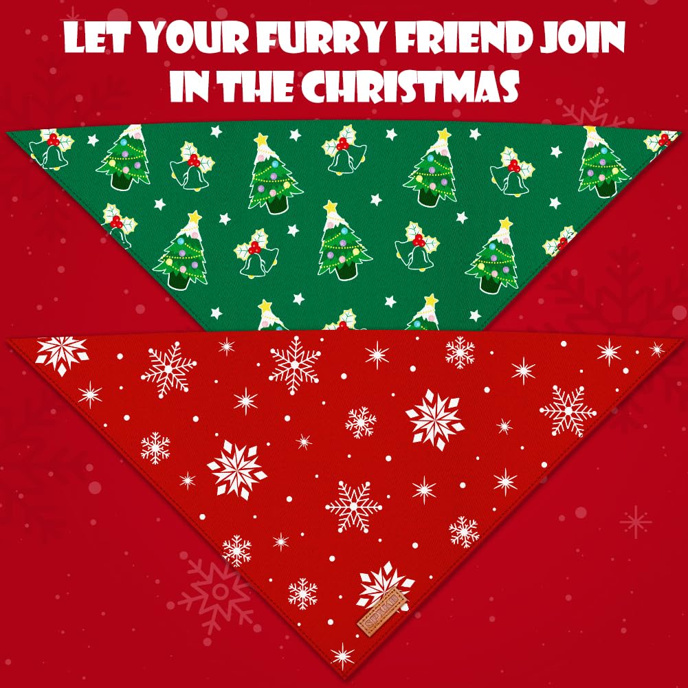 Christmas Dog Bandanas 2 Pack Soft Cotton Washable Christmas Tree & Snowflakes Scarf - Multiple Sizes, Adjustable Fit - Premium