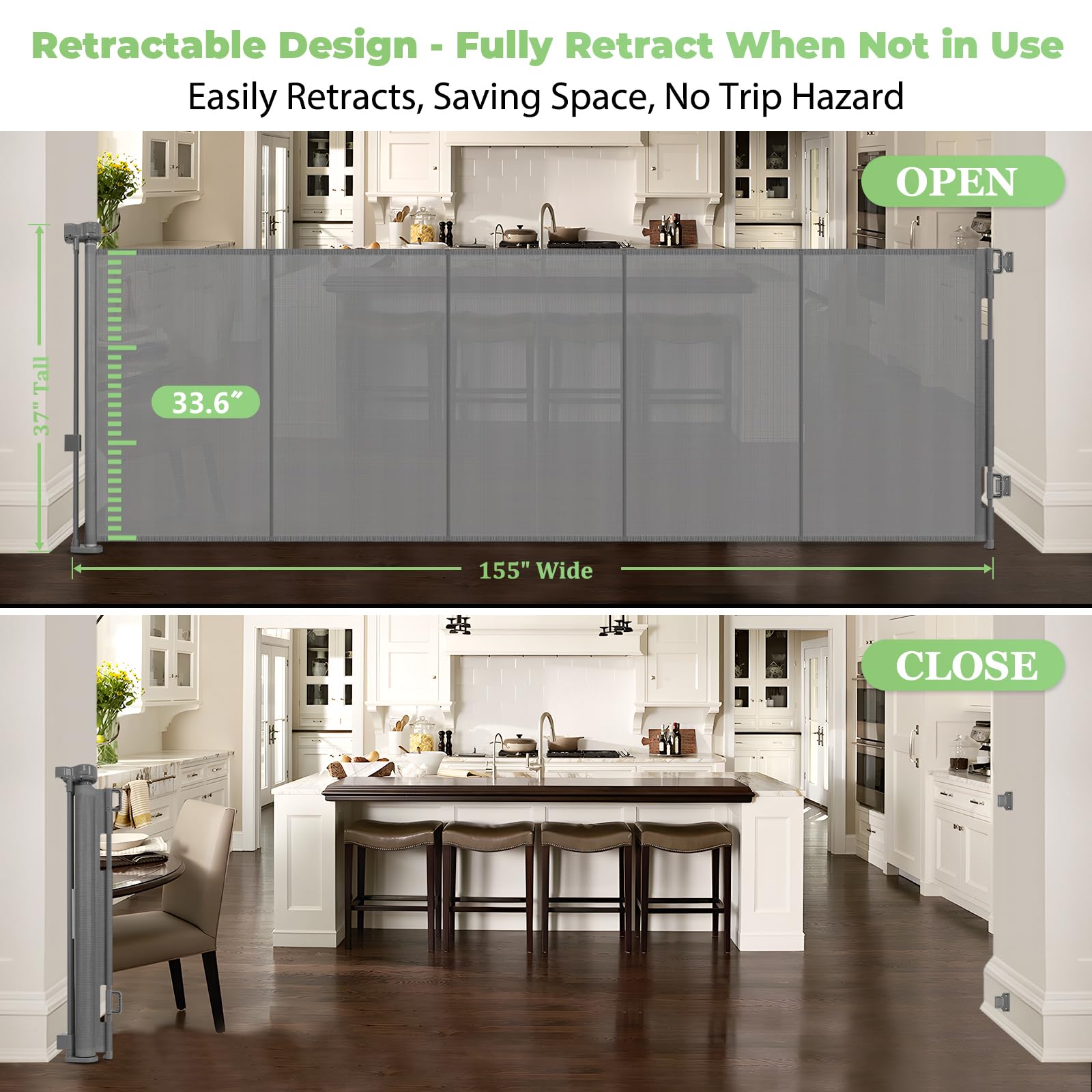 Reinforced 155 Inch Extra Wide Retractable Baby Gate with Support Rods - Prevent Crawling Under, 13 Foot Wide Dog Gate Extra Lon