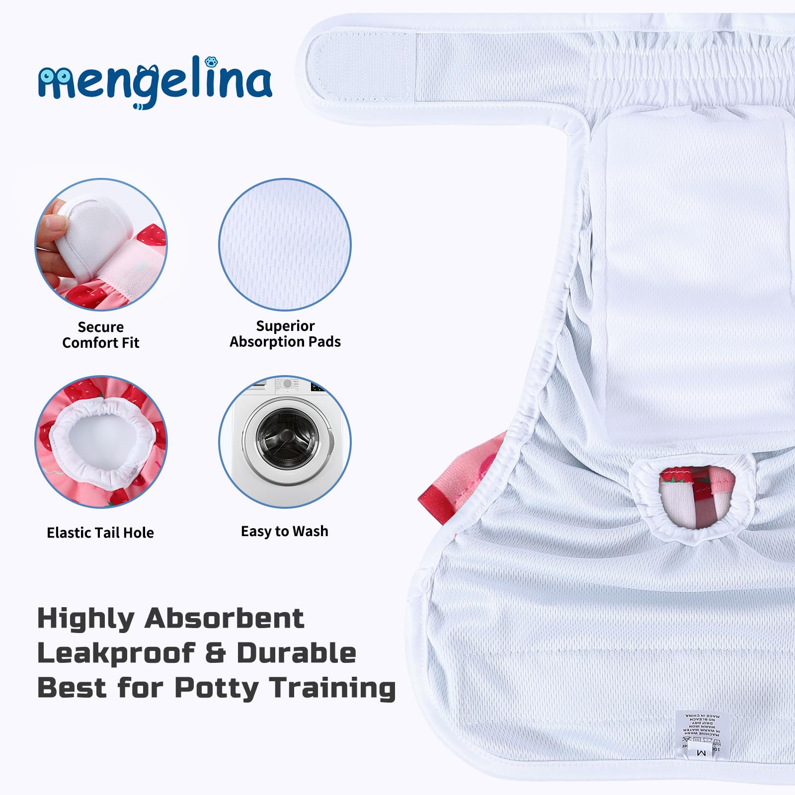 Mengelina Reusable Dog Diapers Washable (3 Pack), Puppy Diapers Highly Absorbent For Heat & Urination Issues, Xs