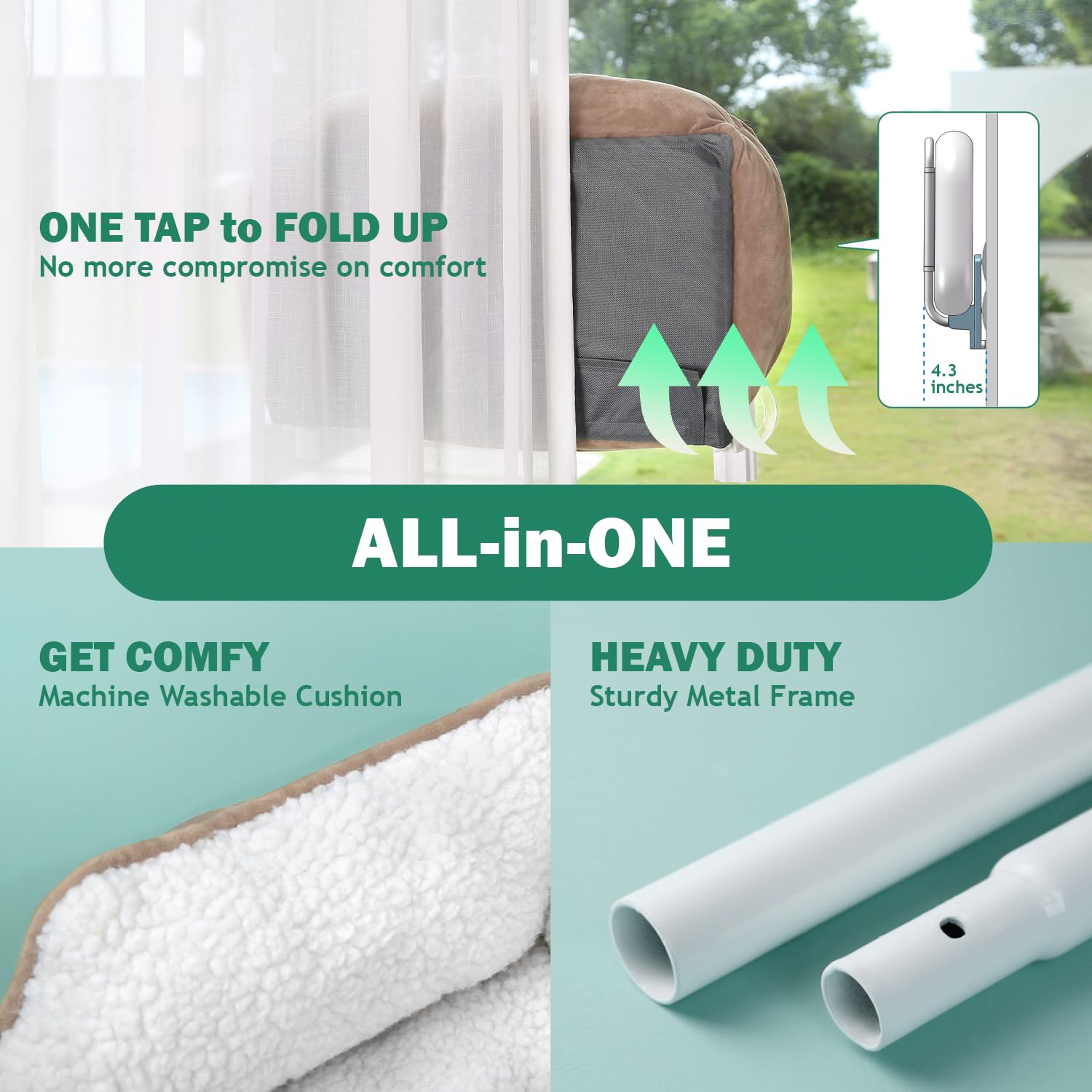 Zakkart Foldable Cat Hammock For Window With Bolster - Cordless, Three-Side Bolstered Machine Washable Fluffy Bed, Robust Metal