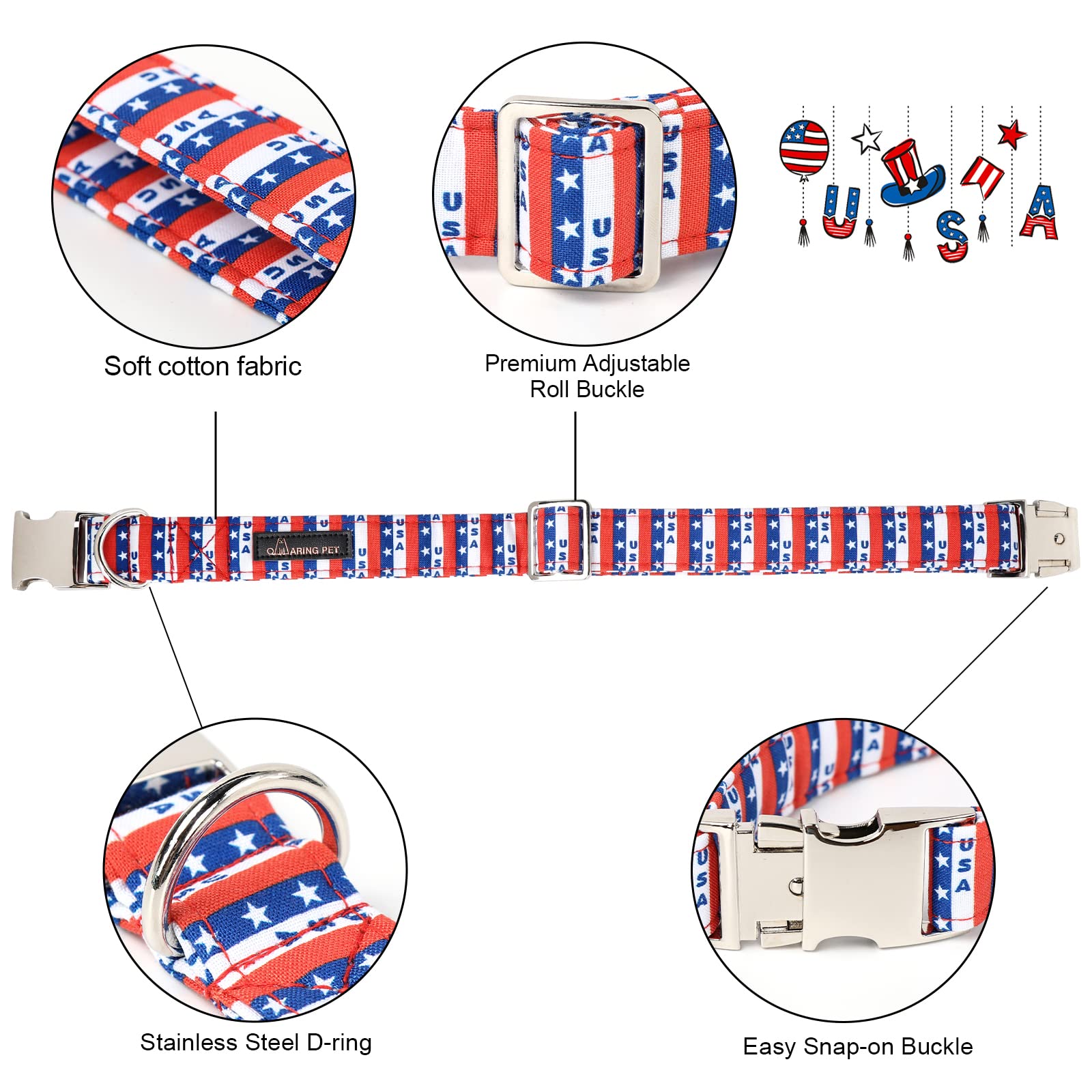 Aring Pet American Flag Dog Collar-Cute Summer Usa Dog Collar With Flower, Adjustable 5Th Of July Dog Collars With Metal Buckle