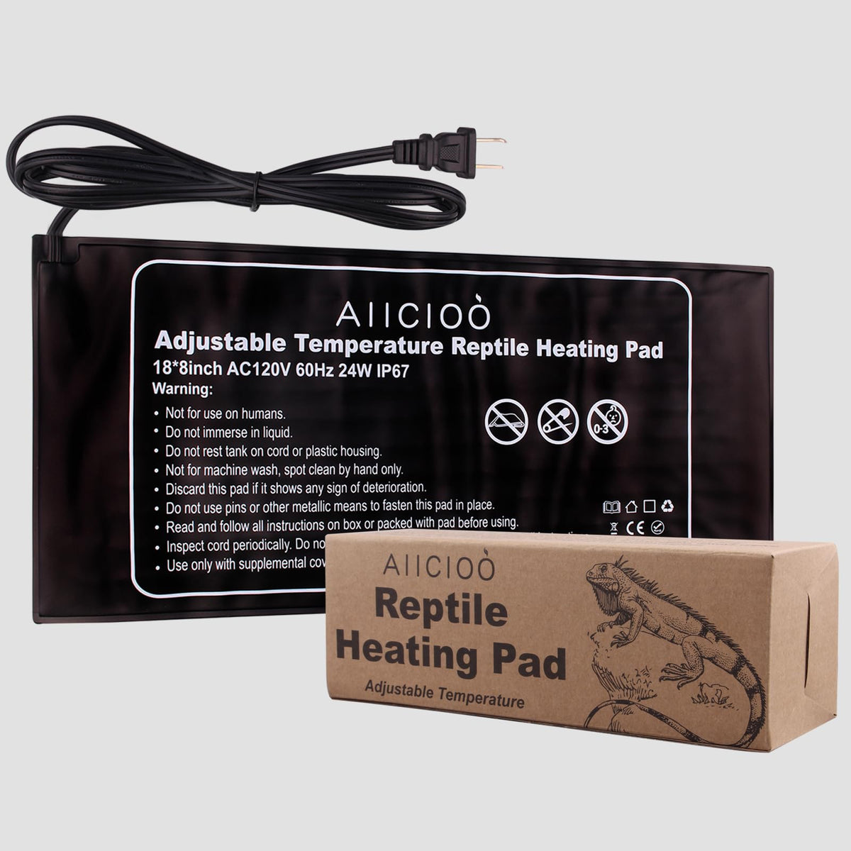 Aiicioo Reptile Heating Pad - 24W Under Tank Heater Terrarium Heating Mat Waterproof For Gecko Turtle Lizard Frog 8' X 18'