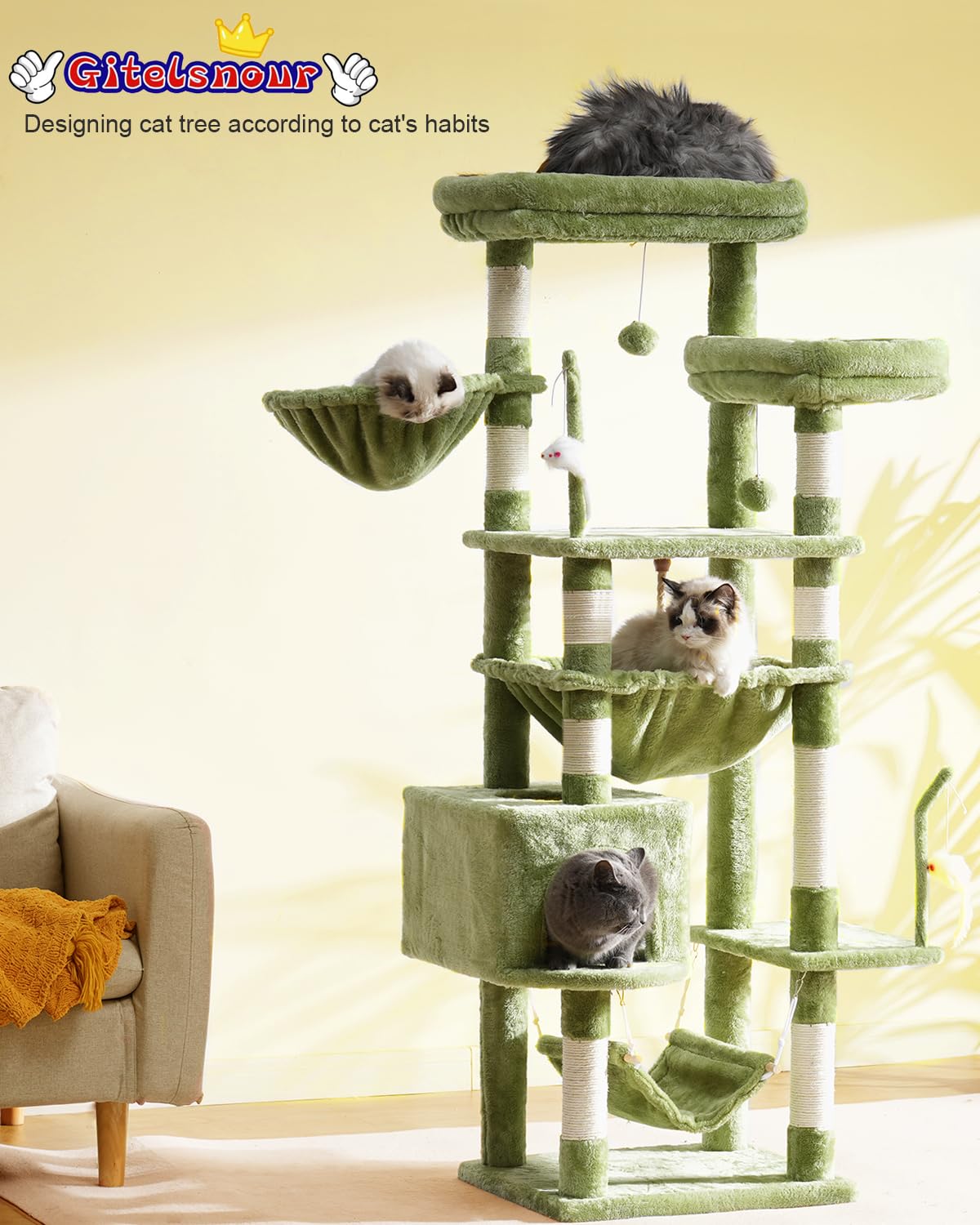 Gitelsnour Cat Tree, Cat Tower for Large Cats with 2 Big Platforms, 2 Baskets, condo and Toys, 63  Cat Scratching Posts for Indo