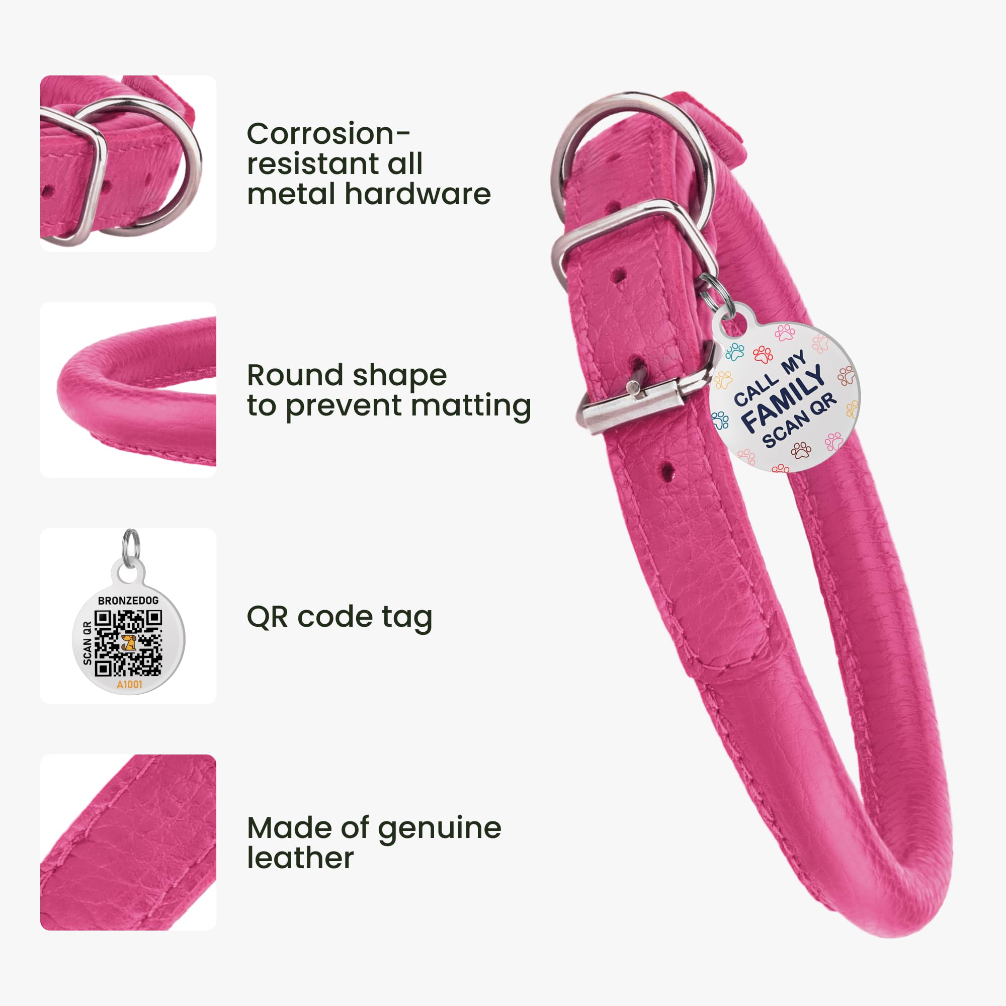 BRONZEDOG Rolled Leather Dog Collar, 12-14 Inch, Rose Color for Small Medium Large Dogs and Cats