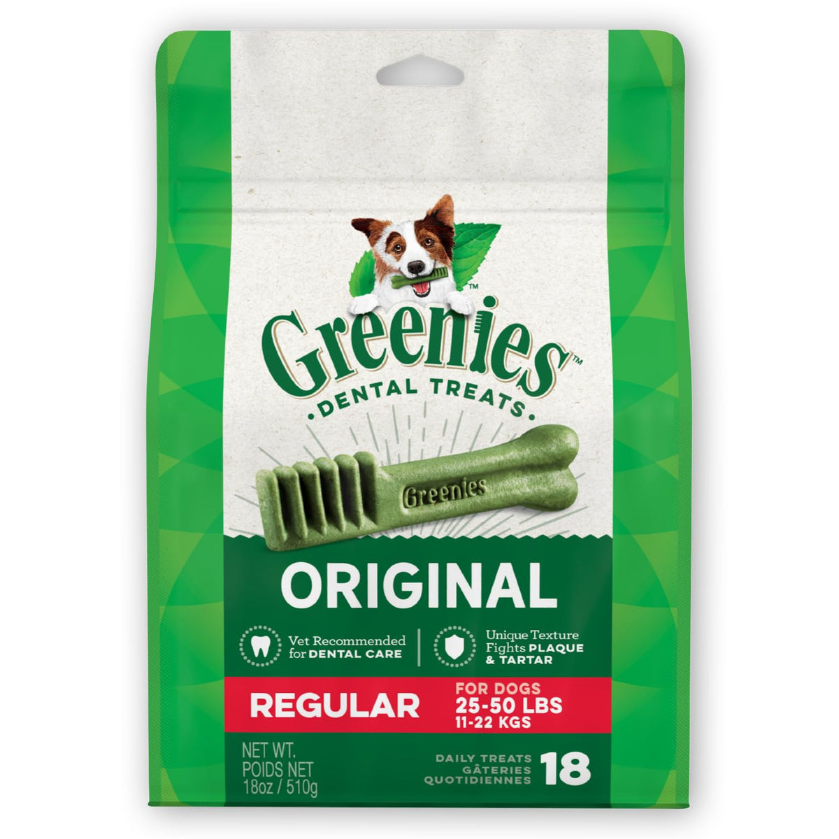 Greenies Original Regular Natural Dental Care Dog Treats, 18 Oz. Pack (18 Treats)