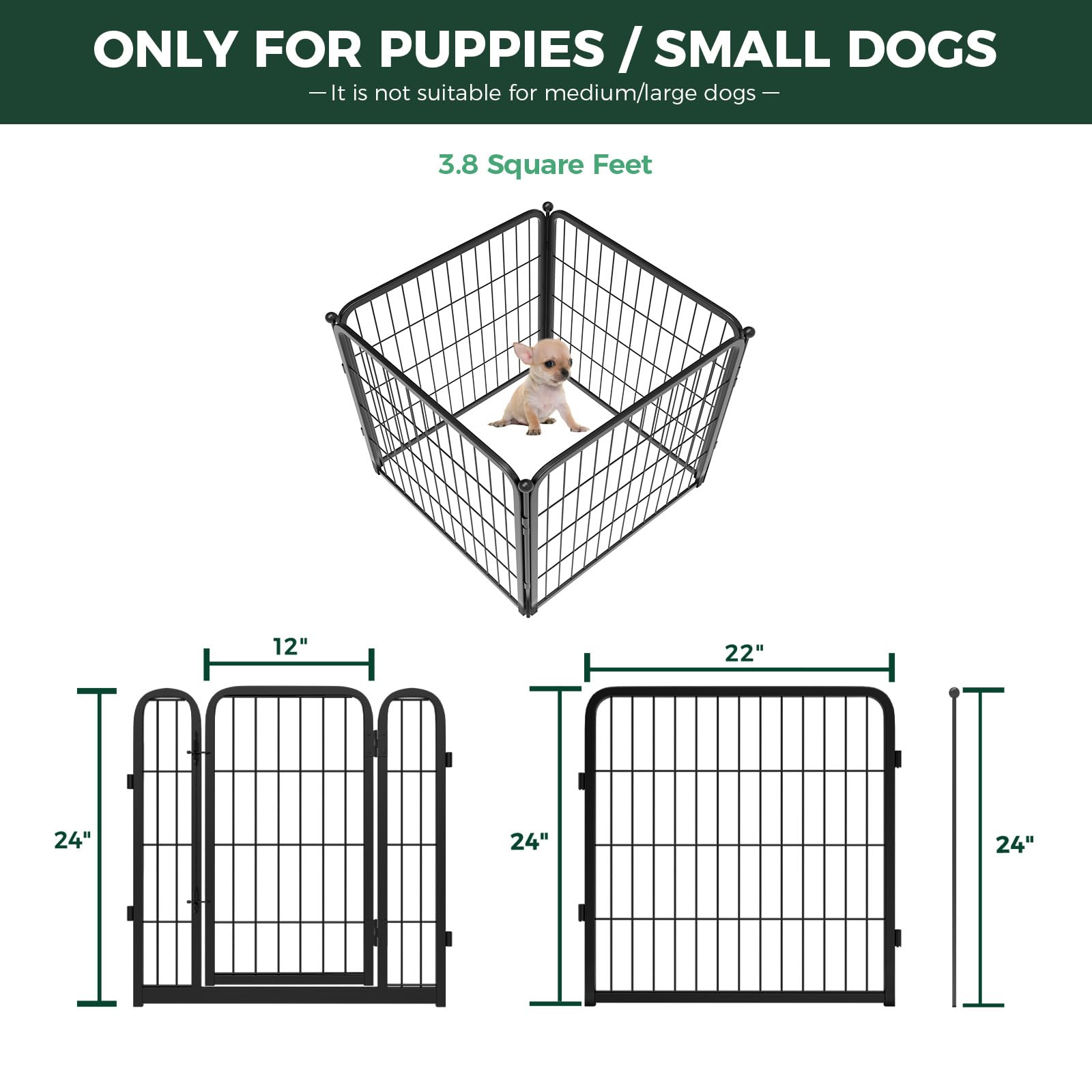 FXW Indoor Dog Playpen - Heavy Duty 24 Inch Metal Puppy Pen, Black, 4 Panels, Stress-Free Safety, Model DP24-4B-I