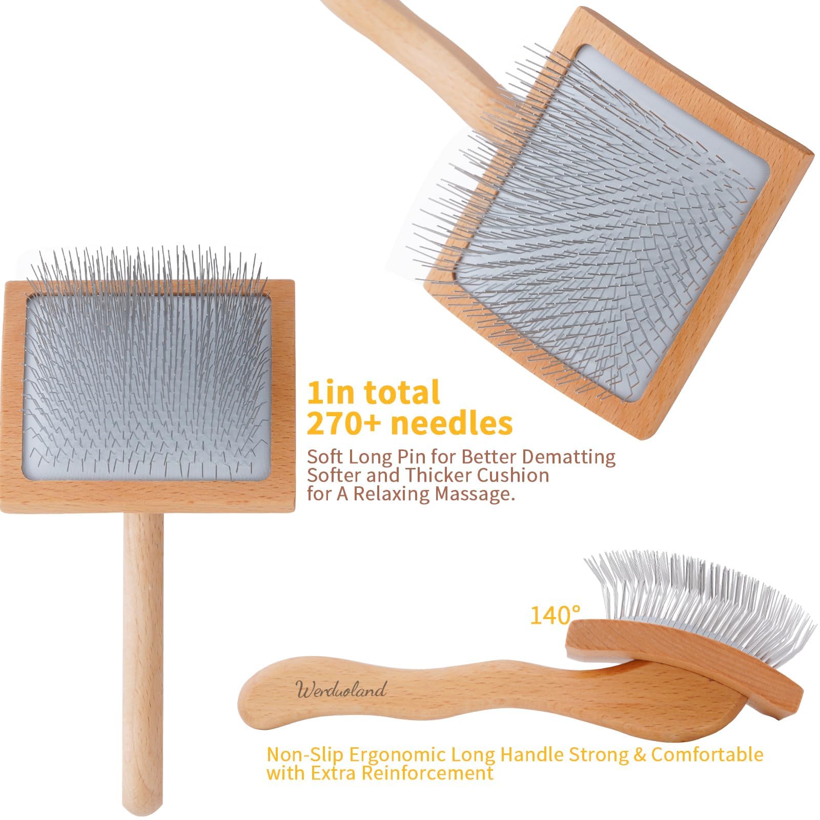 Werduoland Ergonomic Slicker Brush for Long-Haired Dogs - Wooden Handle, Long Pins, Ideal for Goldendoodles