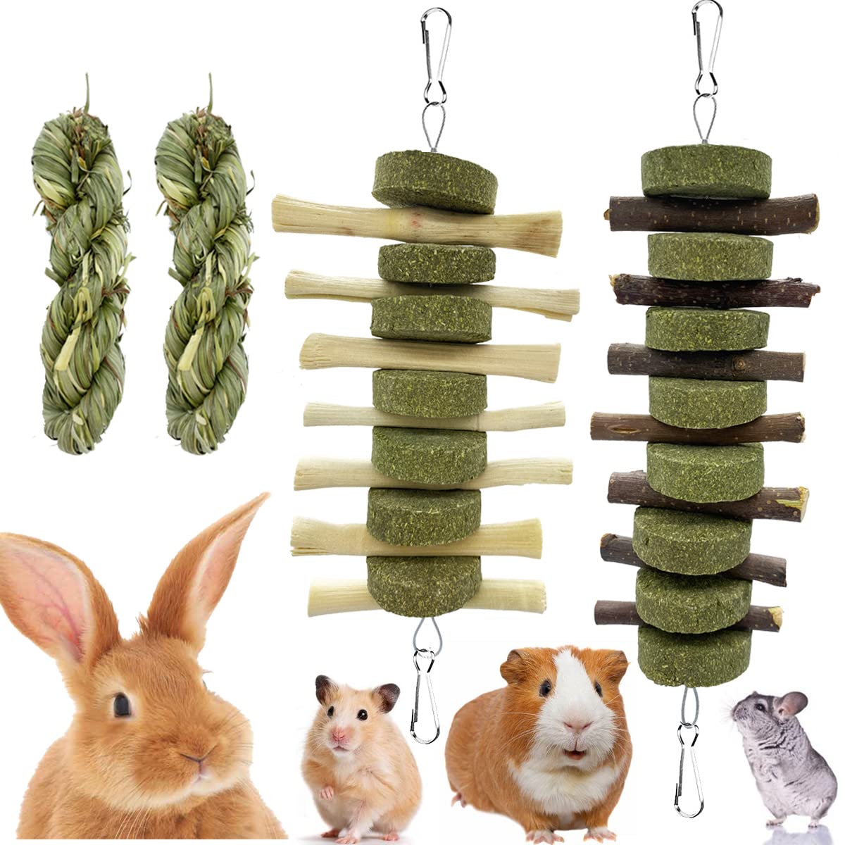 Rabbit Guinea Pig Bunny Chew Toys For Teeth Grinding Rozjovu Cage Hanging Toy Organic Rabbit Treats For Bunny Chinchillas Hamsters( Bamboo+Apple Sticks+Alfalfa Cakes+Timothy Hay) (2 Pcs)