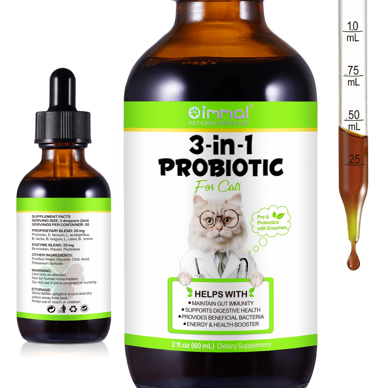 3-in-1 Probiotics for Cats with Digestive Enzymes & Prebiotics, 2 Pack for Cats of All Ages, Immune System & Diarrhea Relief, Su