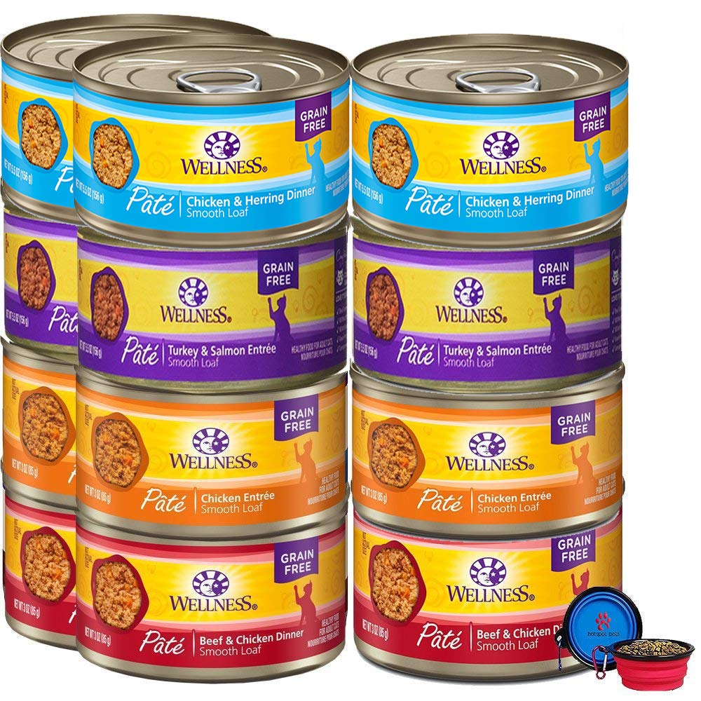 Wellness Natural Premium Canned Cat Wet Food Pate - 12 Pack Cans Variety Bundle Pack 4 Flavor - (Chicken,Beef, Salmon & Turkey) 