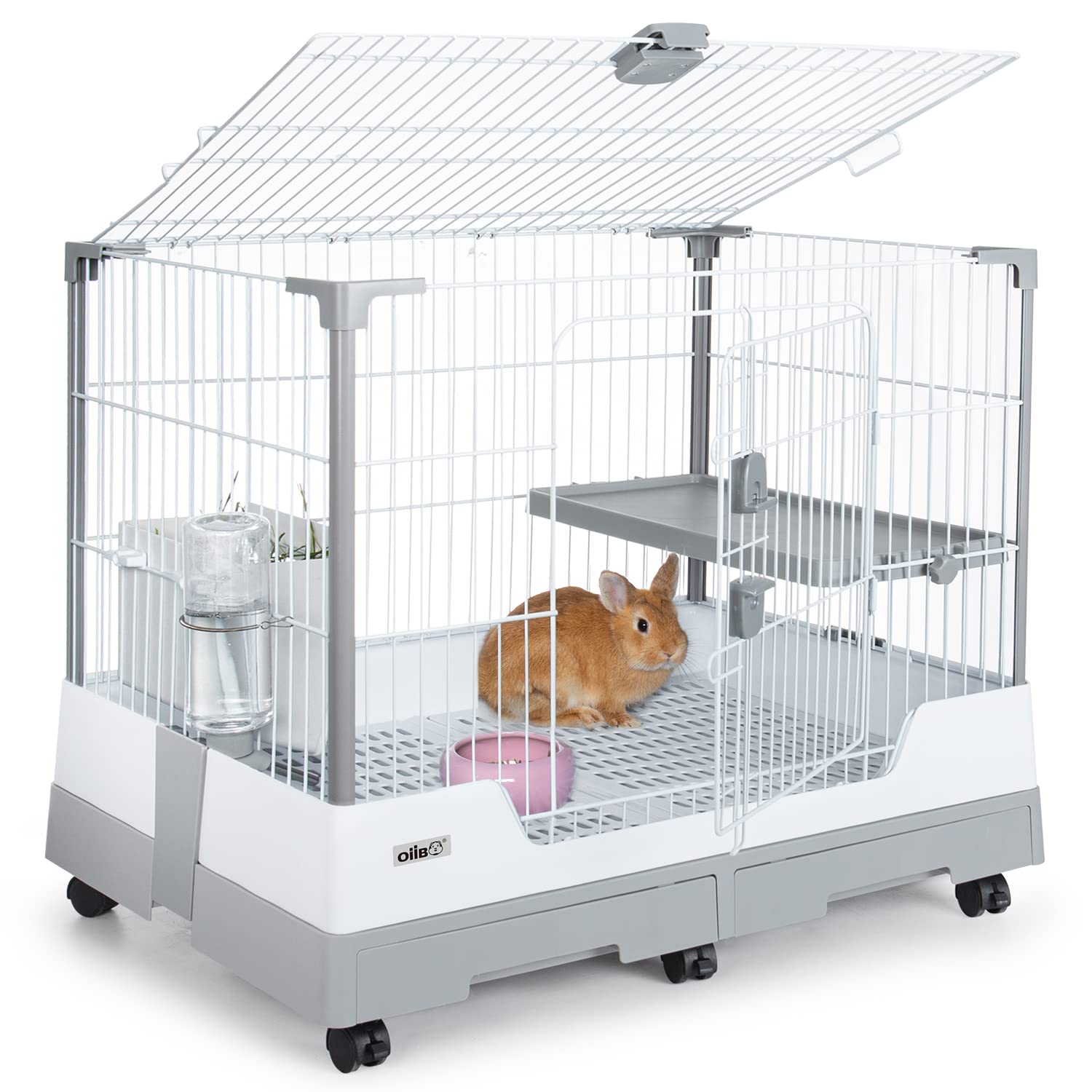 OIIBO Deluxe Rabbit Cage, 32    21    26 Large Space Bunny Cage Foldable Small Animal Cage with Pull Out Tray and Caster Platfor