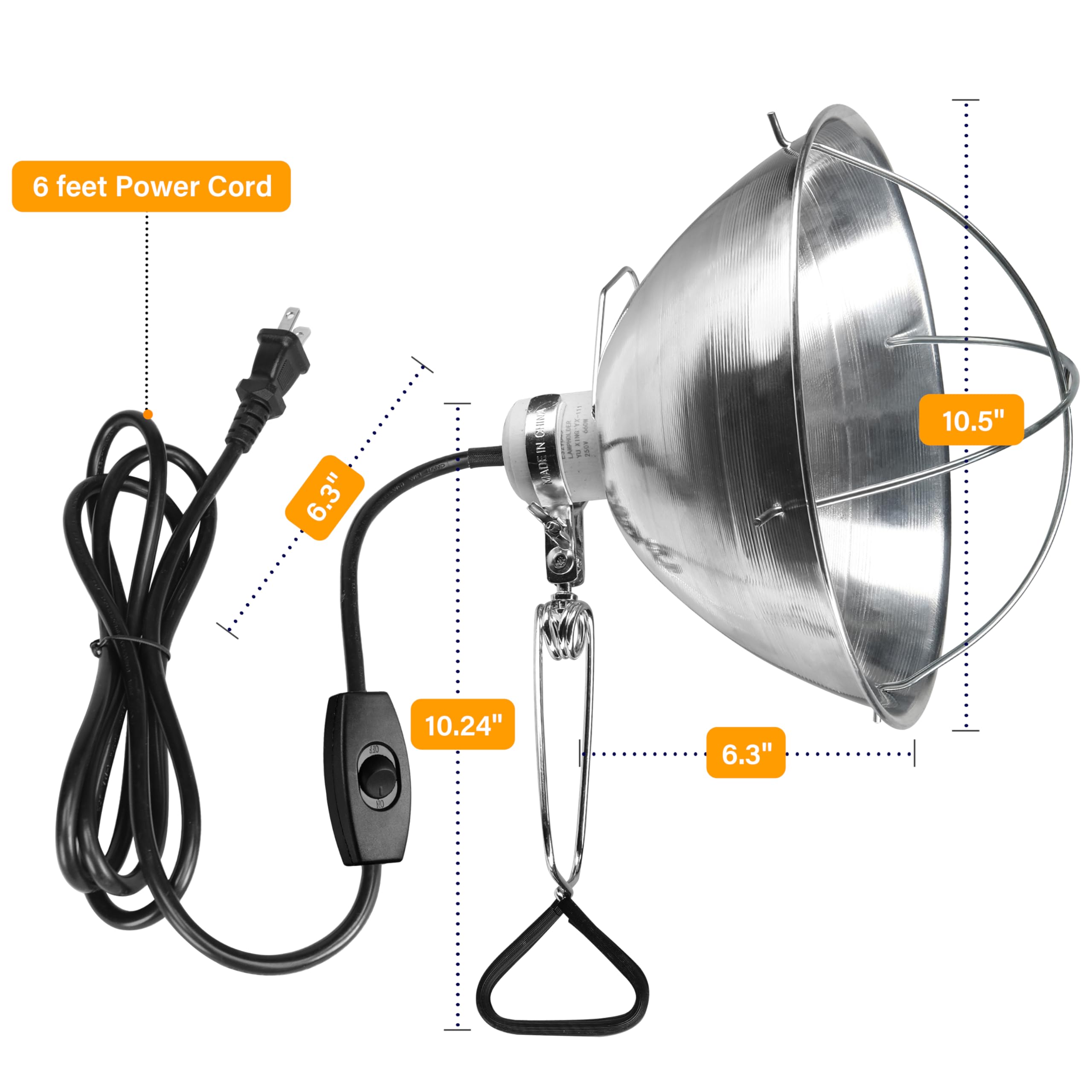 Simple Deluxe Adjustable Clamp Lamp With 10.5'' Aluminum Reflector And Bulb Guard, 250W E26 Socket (Bulb Not Included), 6Ft 18/2
