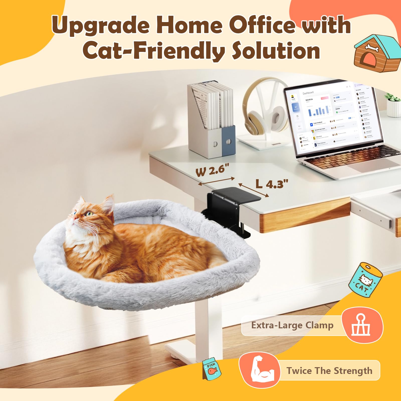 Jinxzap Sturdy Cat Desk Bed - Extra-Large Clamp & All-Metal Frame, Comfy Cat Hammock With Reversible Cover, Removable & Washable