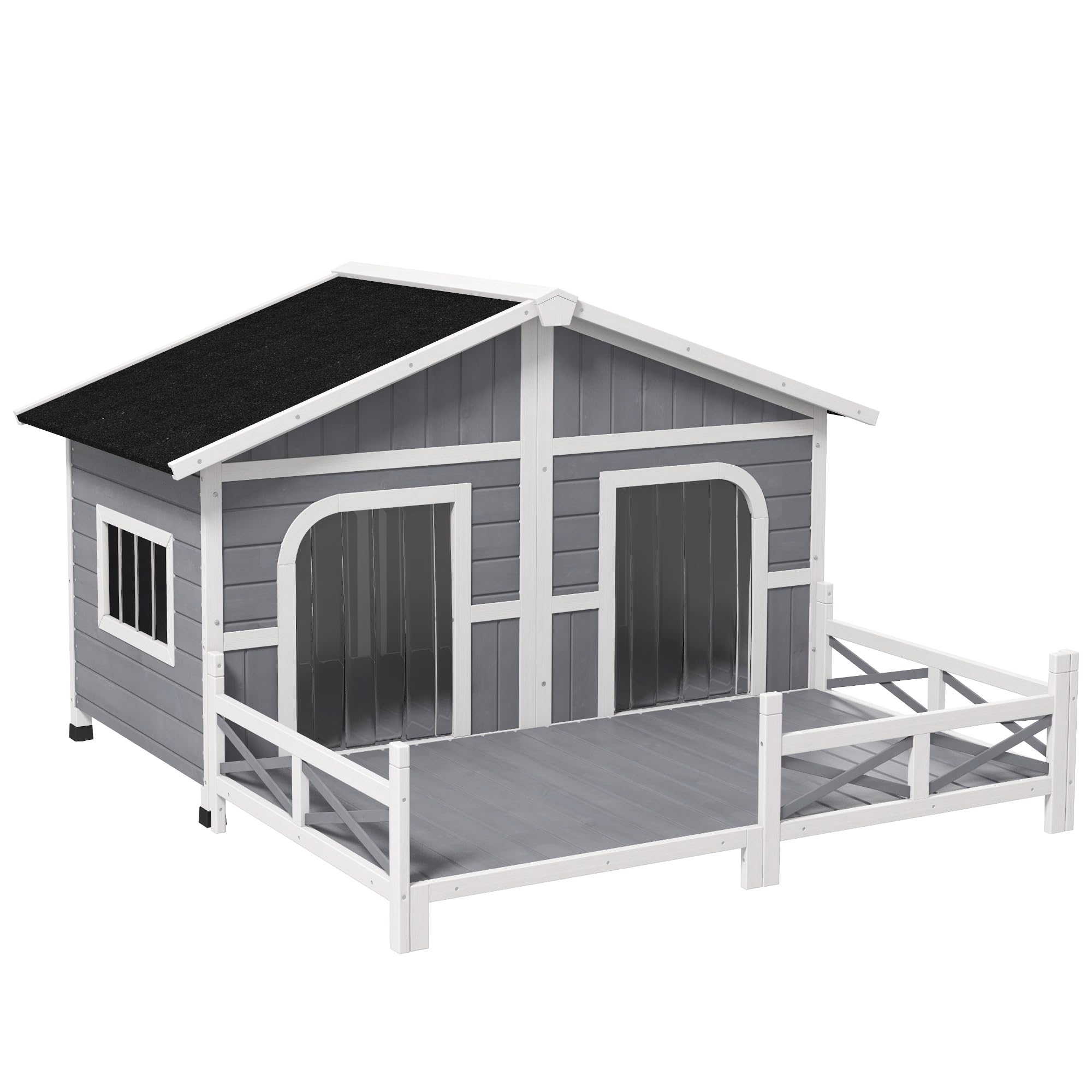 PawHut Dog House Outdoor, Wooden Dog Kennel Weatherproof with Porch, Double Room, Openable Roof, Removable Bottom, Elevated Floo