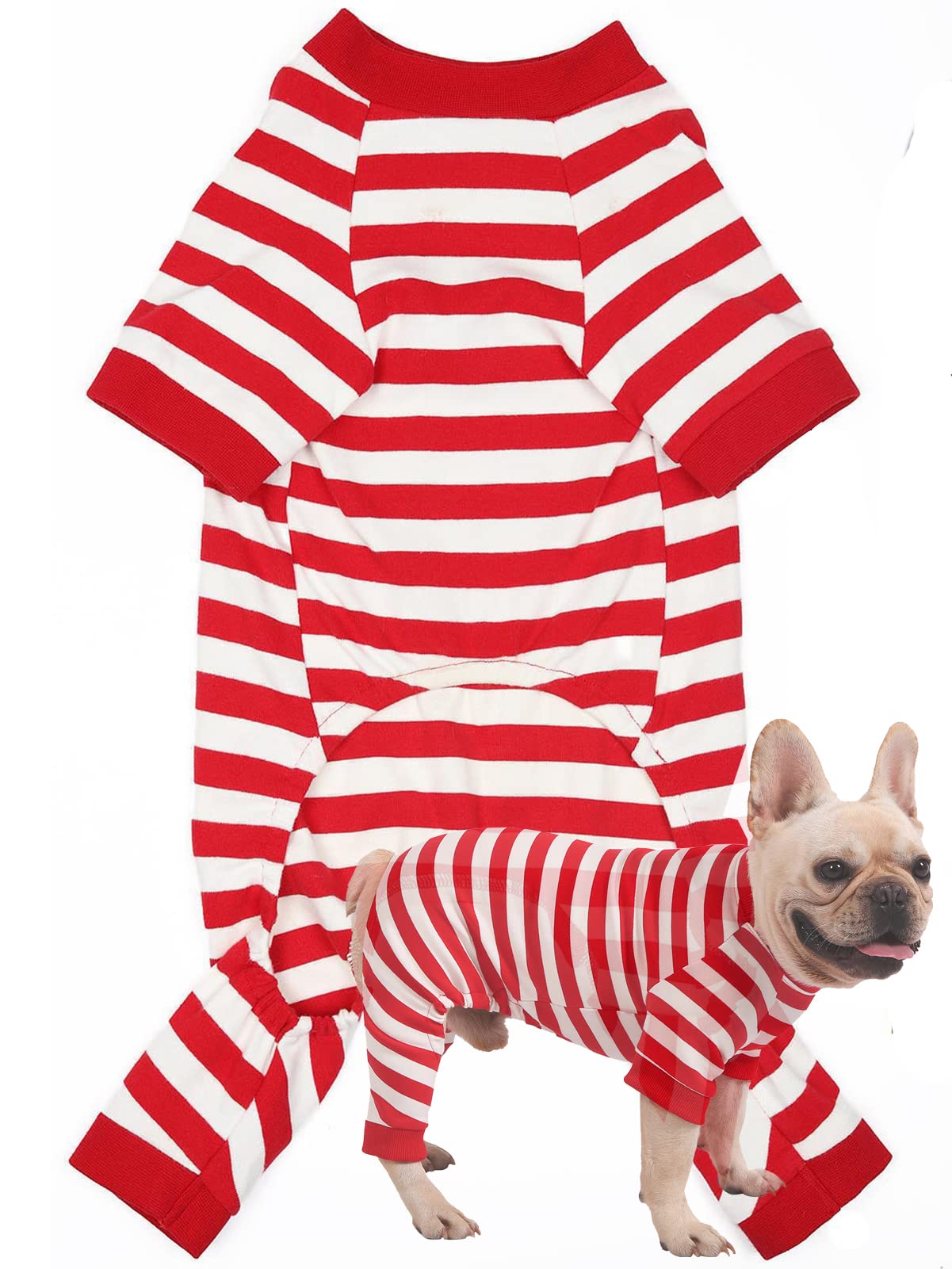 Caslfuca Dog Pajamas For Large Dogs, Cotton Thermal Dog Pjs Jumpsuit With Cover Legs Christmas Puppy Clothes, Striped Onesie Dog Suit For Small Medium Large Dogs (Large, Redwhite)