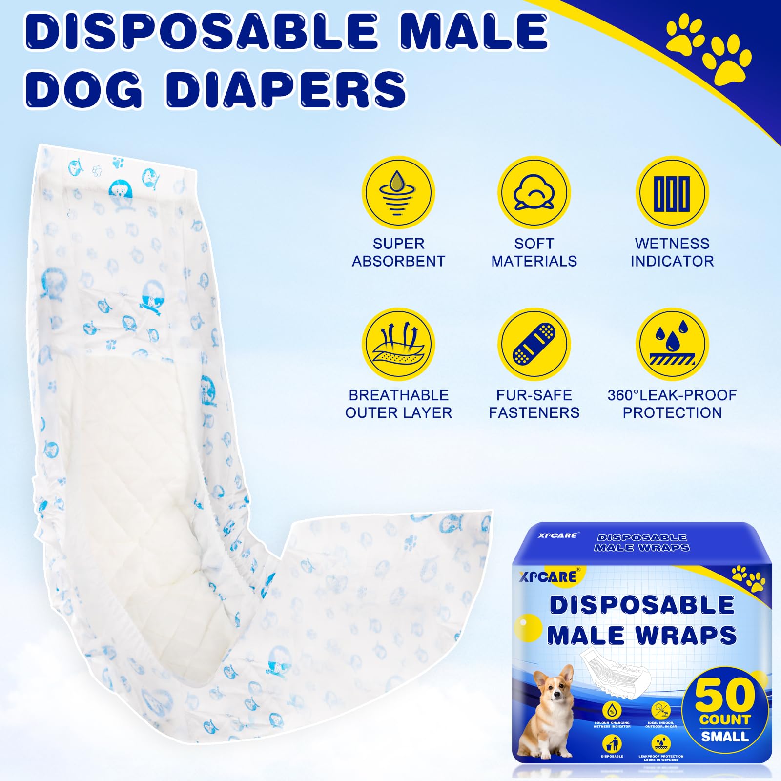 Xpcare 50 Count Disposable Male Dog Diapers, Male Dog Wraps,Super Absorbent Leak-Proof Fit (Small)