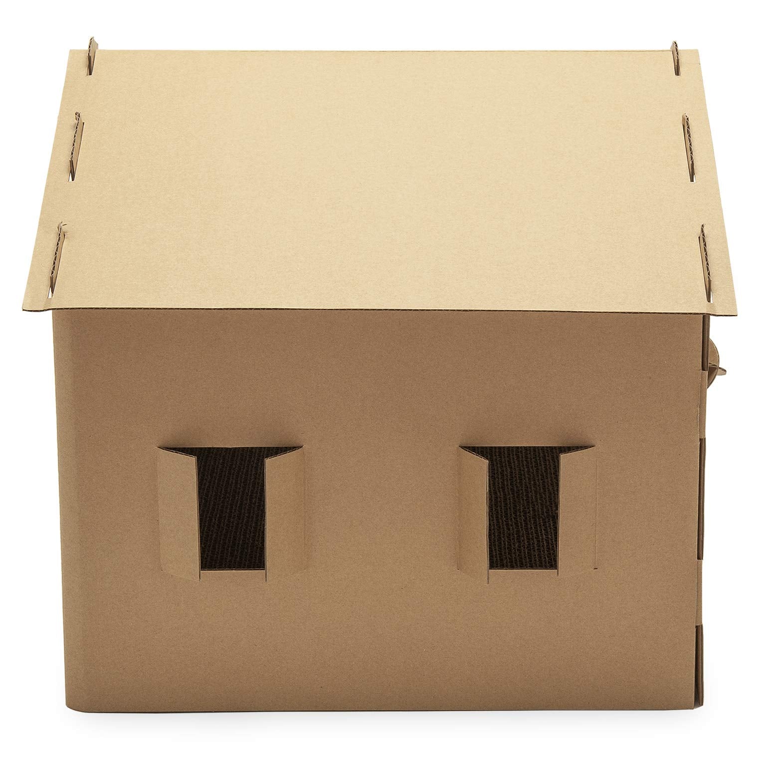 Furhaven Cardboard Cat House Gingerbread House, Cat Hideout Scratcher with Detachable Hanging Toys