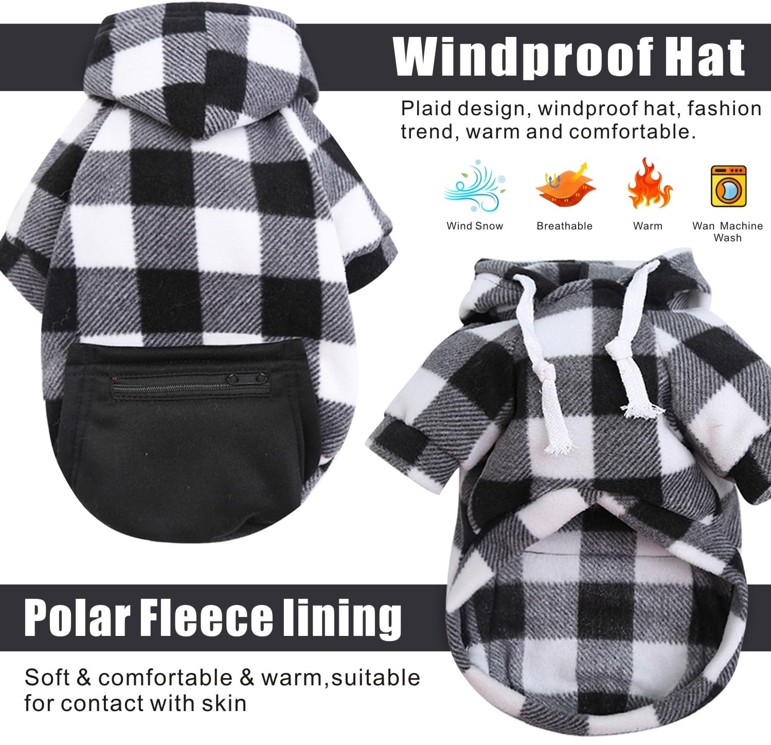 Mrcopetal Plaid Dog Clothes Sweatshirt With Soft Brushed Fleece And Zipper Pocket For Dog Winter Coat In Small, Medium, Large &