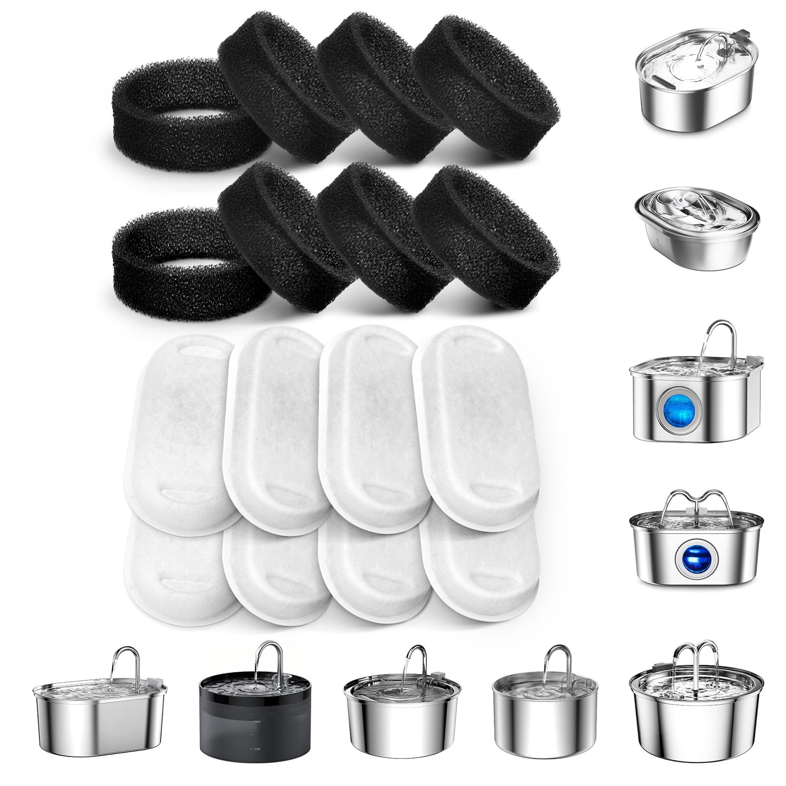 Soofpet 16Pcs Cat Water Fountain Filter - Pet Fountain Filters Replacement - Sponge And Carbon Filters For Automatic Dog Water B
