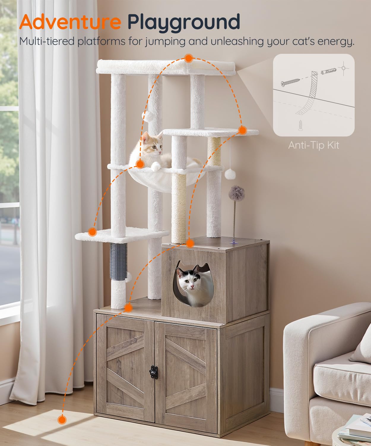 Hoobro Cat Tree With Litter Box Enclosure, Tall Cat Tower For Indoor Cats, All-In-One Modern Cat Condo, Hidden Litter Box Enclos
