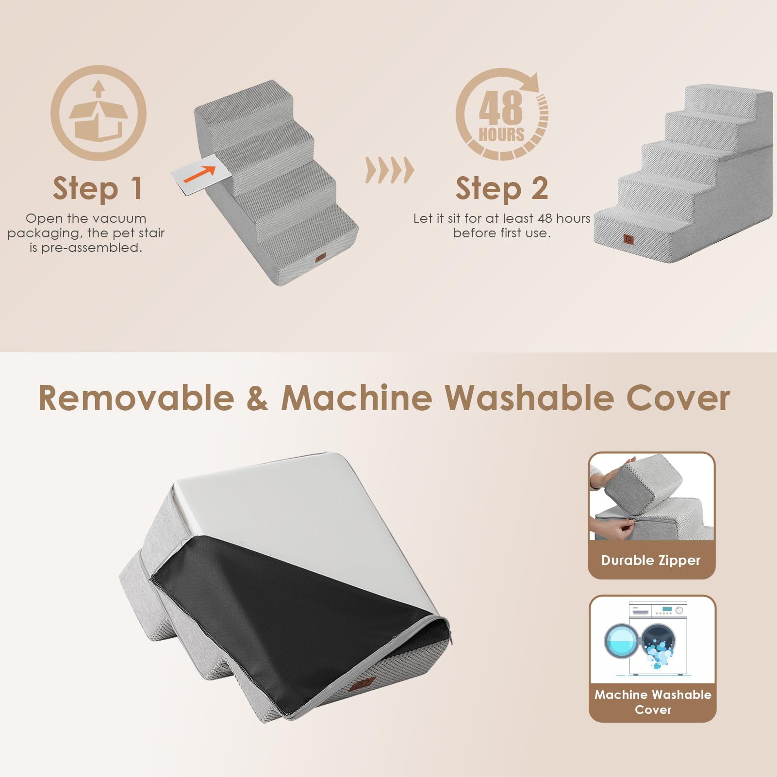 Eheyciga Dog Stairs For High Bed 22.5”H, 5-Step Dog Steps For Bed, Pet Steps For Small Dogs And Cats, Non-Slip Balanced Dog Indoor Ramp, Light Grey