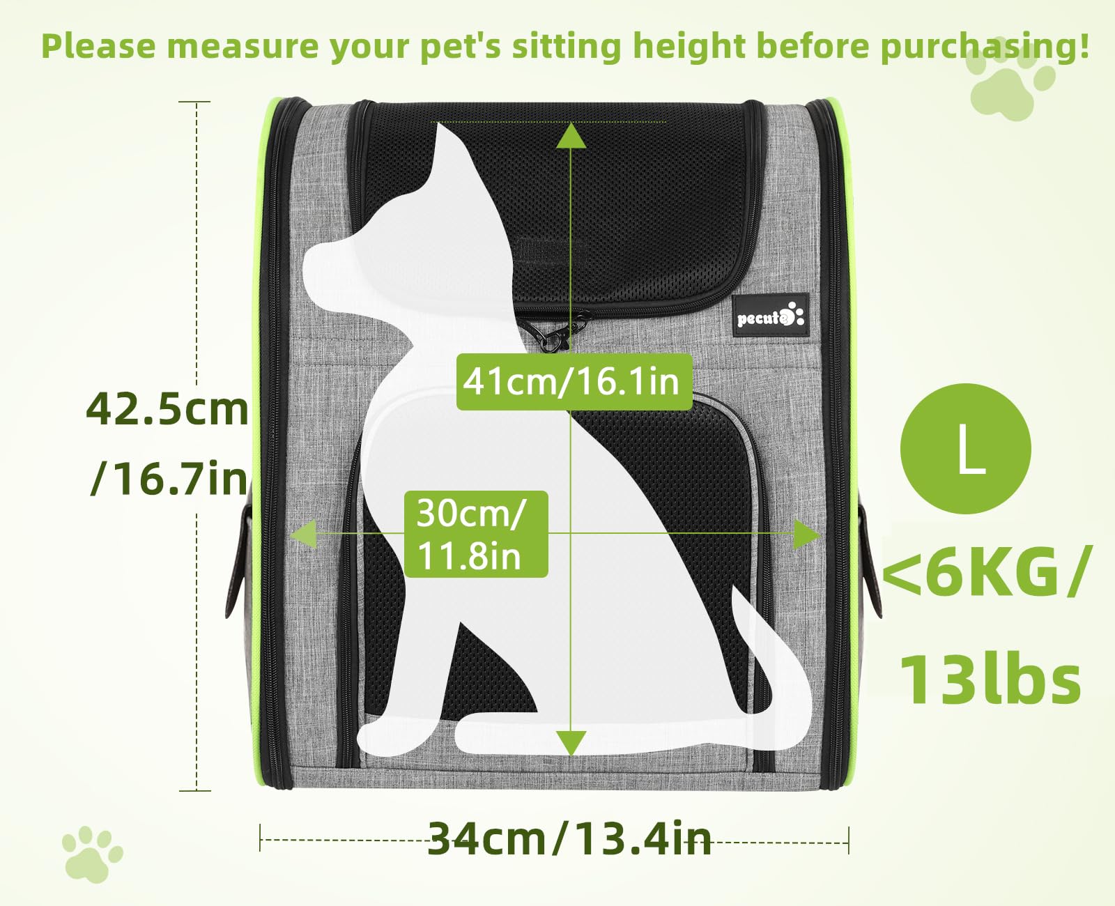 Pecute Cat Carrier Backpack - Expandable, Breathable Mesh, Grey, L, Model PC-PCB03 for Cats & Small Dogs Up to 17 Lbs, Great for Travel & Hiking