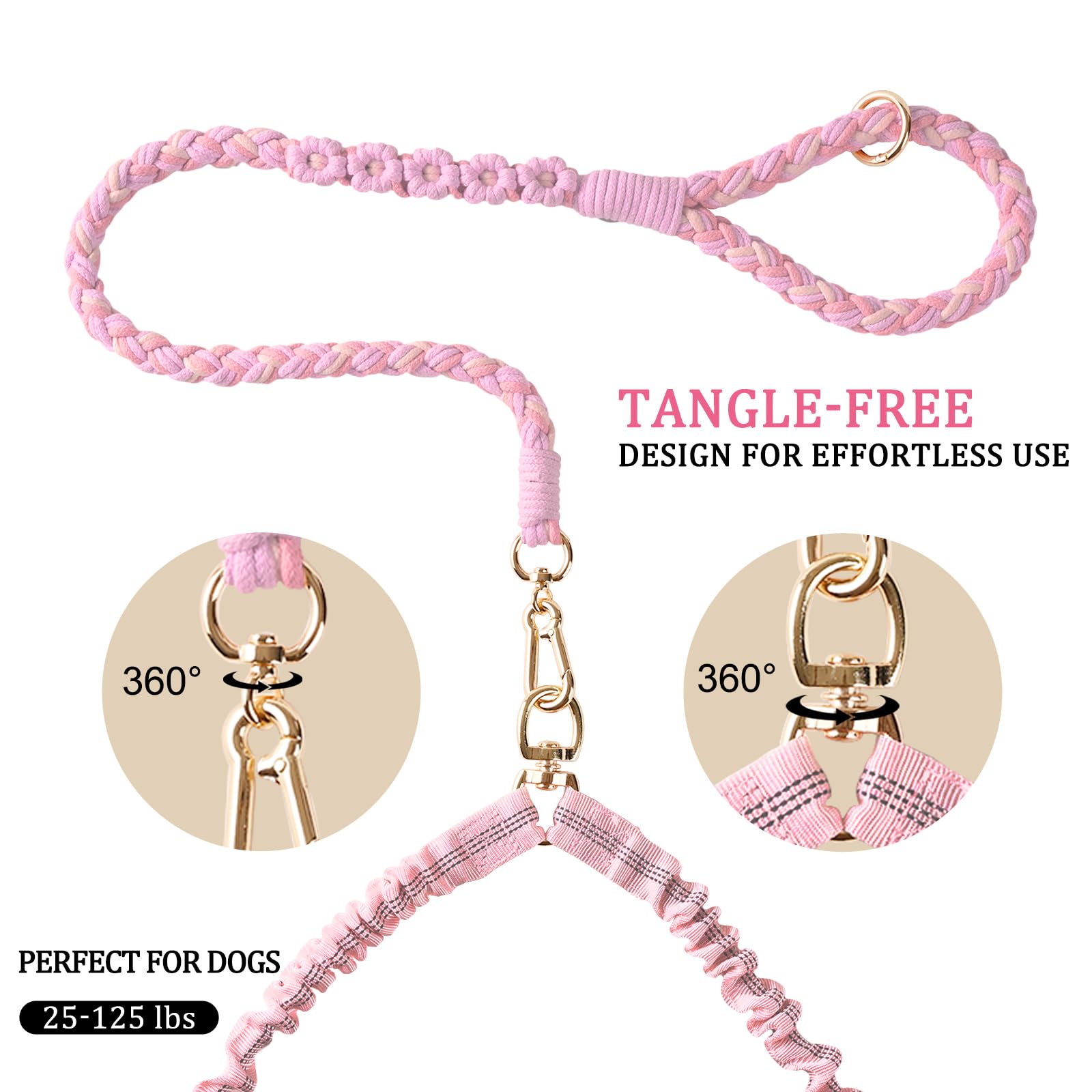 Dual Dog Leash,Double Dog 360 Swivel No Tangle Walking Leash,Comfortable Shock Absorbing Reflective Bungee For Two Dogs(Pink)