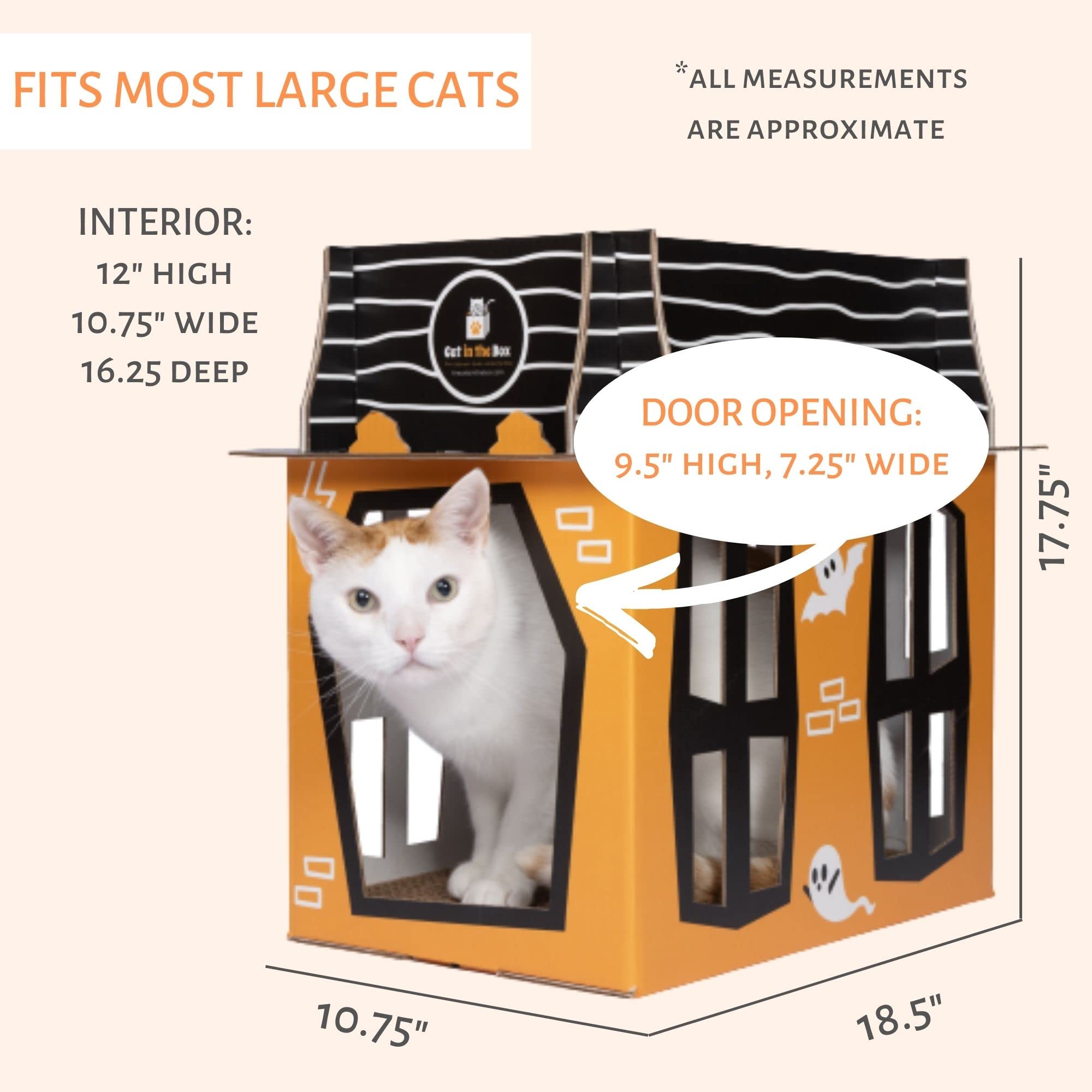 Spooky Cat Haunted House - Halloween Mansion Playhouse For Cats, Kittens, Rabbits & Bunny. Cardboard Box House Condo Cave Furnit