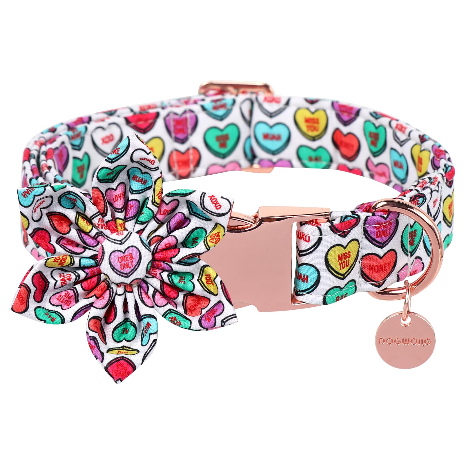 Dogwong Valentine'S Dog Collar With Flower, Adjustable Durable Pink Heart Dog Collar Cute Dog Collar For Small Medium Dogs