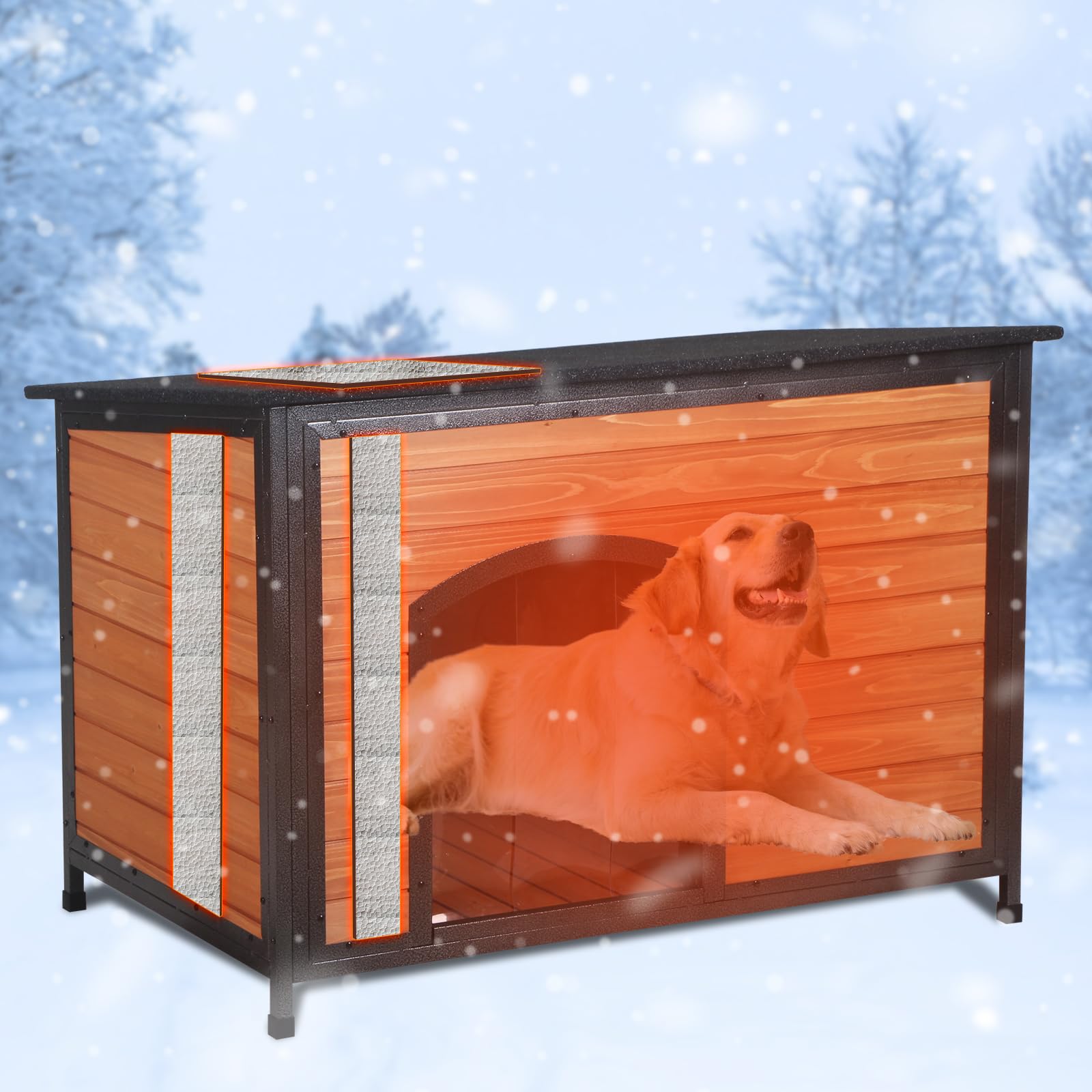 Funxplore Dog House Outdoor Insulated 43.3'' L Large Dog Kennel 6 Sides All-Round Foam Winter Weatherproof For Small Medium Larg