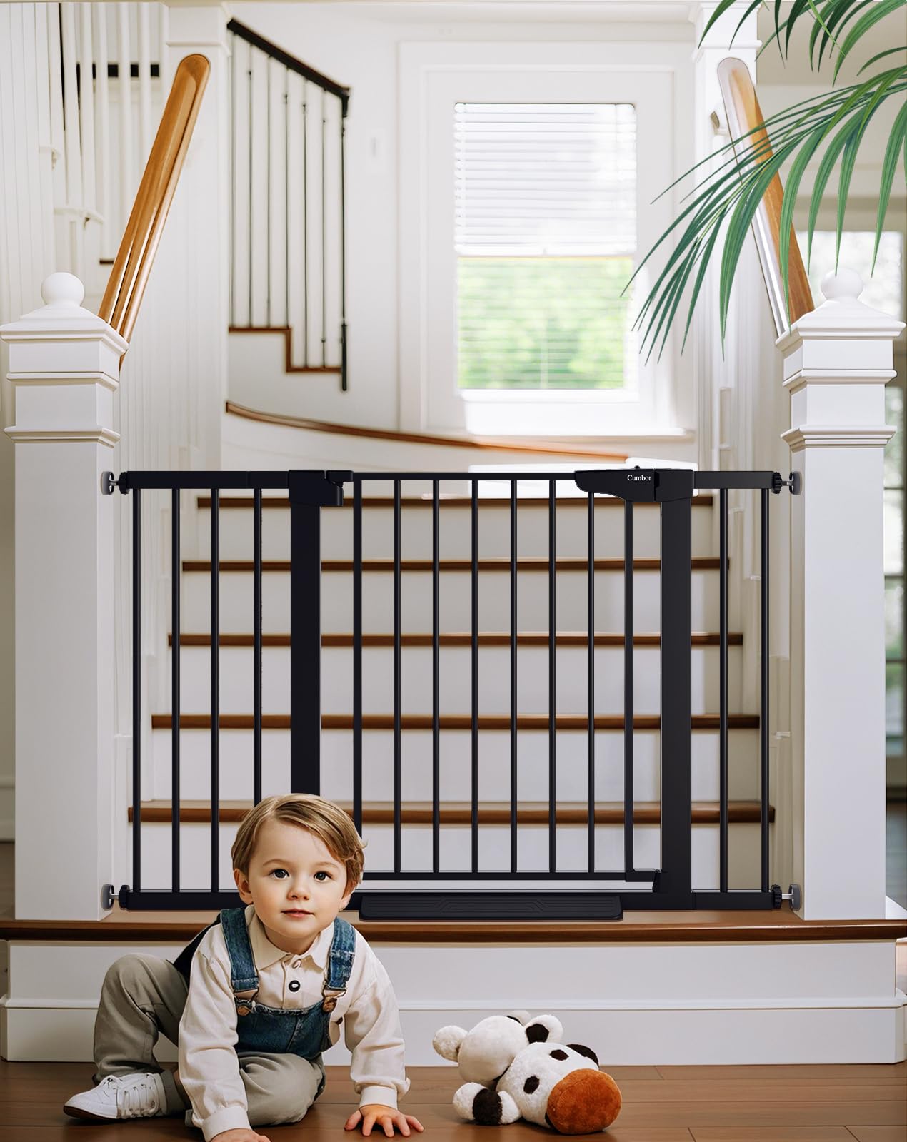 Cumbor 29.7-48' Baby Gate For Stairs, Mom'S Choice Awards Winner-Dog Gate For Doorways, Auto Close Safety Pet Gate For Dogs Indoor, Easy Install Pressure Mounted Child Gate With Walk Thru Door, Black