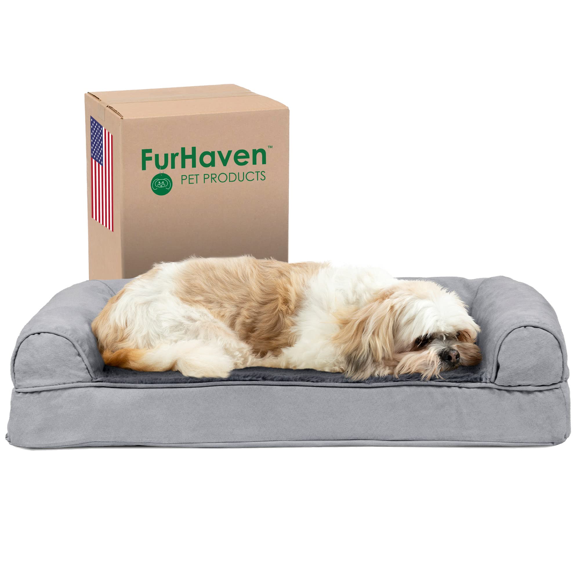 Furhaven Cooling Gel Dog Bed for Medium/Small Dogs w/ Removable Bolsters & Washable Cover, For Dogs Up to 35 lbs - Plush & Suede
